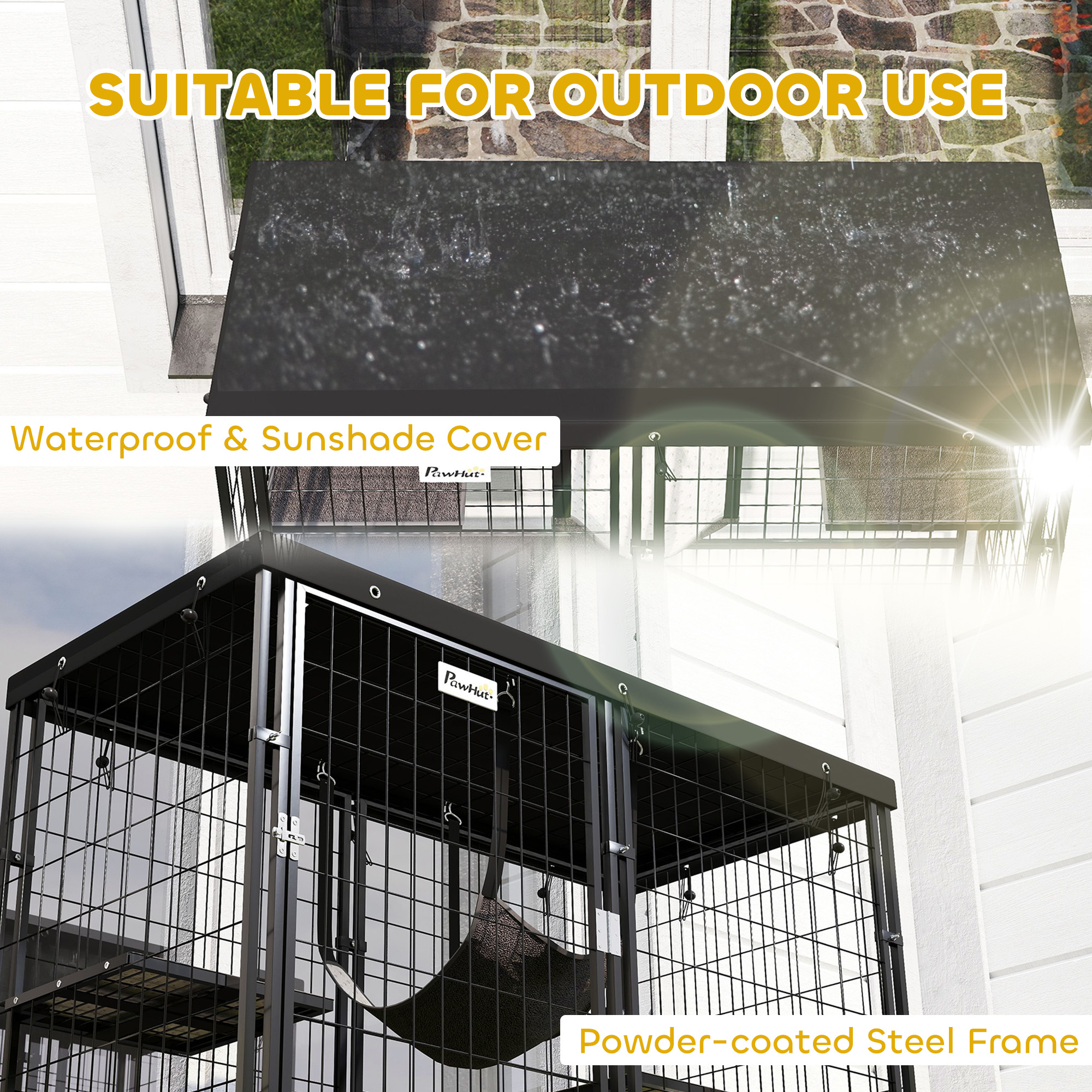 Metal Cat Cage with Waterproof Cover, 4 Platforms, Hammock, Washable Cushions for 1-3 Kittens, 46.5" x 22" x 62", Black