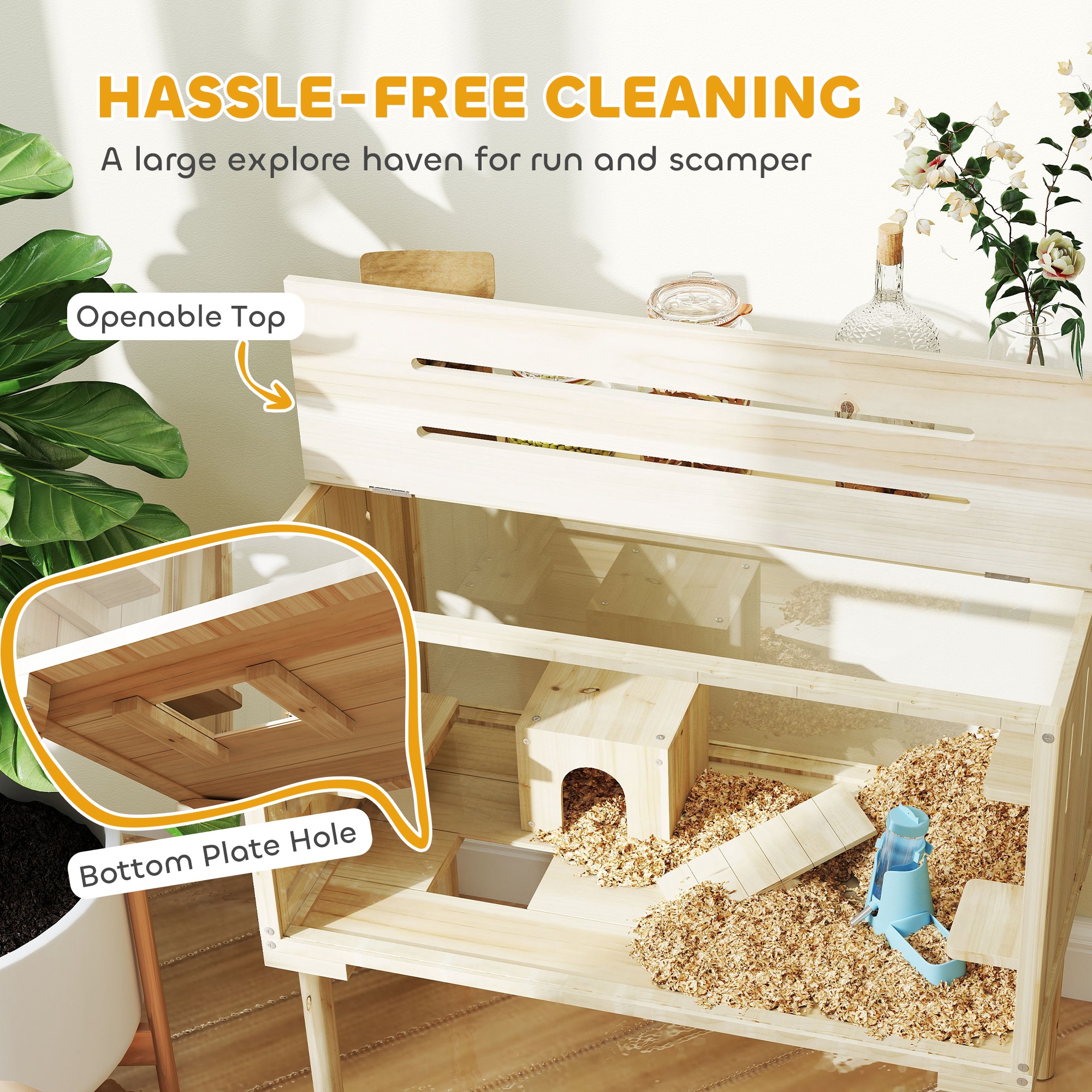 28"L Wooden Hamster Cage with Seesaw, Water Bottle, Food Dish, Hut, Transparent Panel for Easy Observe, Nature Wood