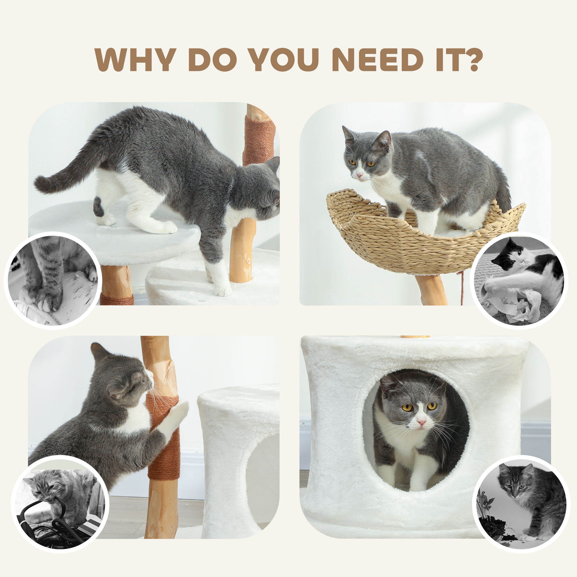 40" Real Wood Cat Tree, Cat Tower for Indoor Large Adult Cats with Scratching Posts, Condo, Perch, Washable Cushion
