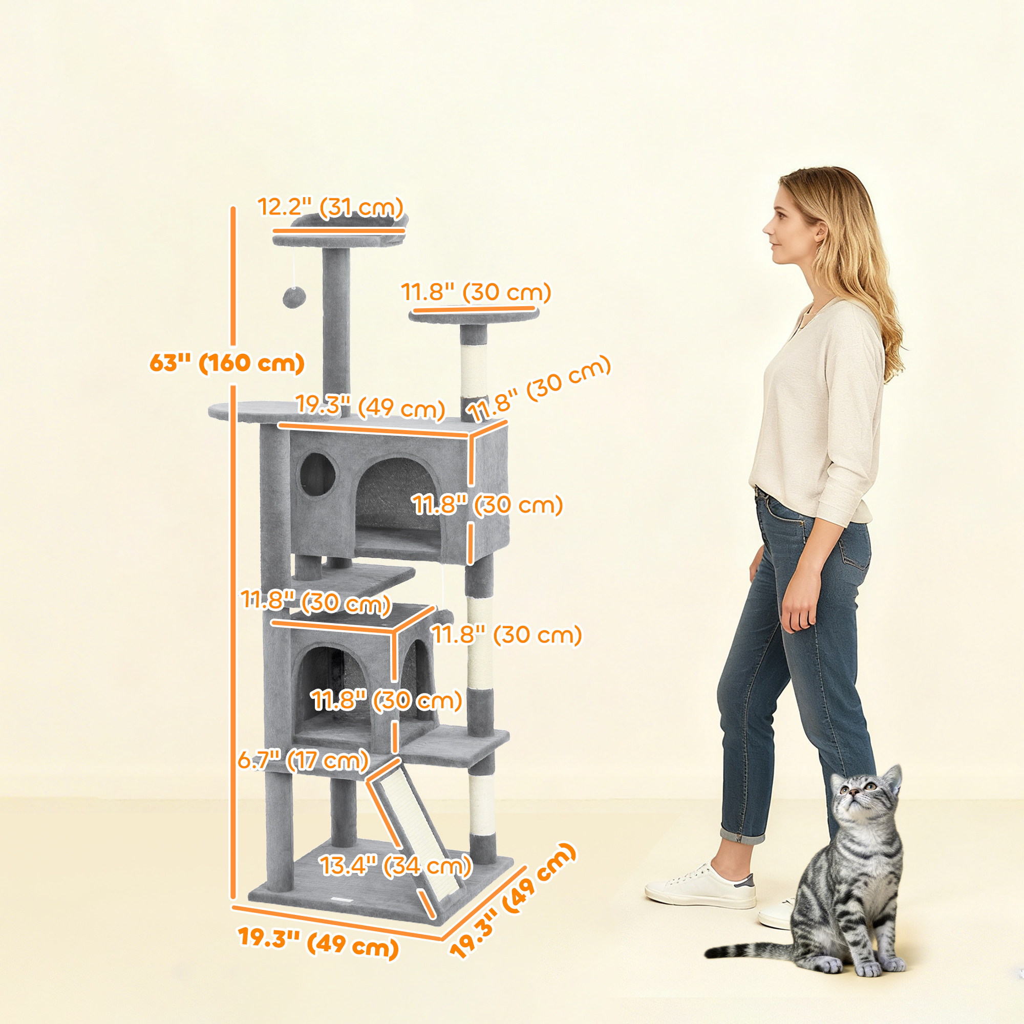 54" Cat Tree, Multi-Level Cat Tower with Scratching Posts, Cat Condos, Bed, Platforms, Ramp, Toy Ball, Light Grey - Image 3