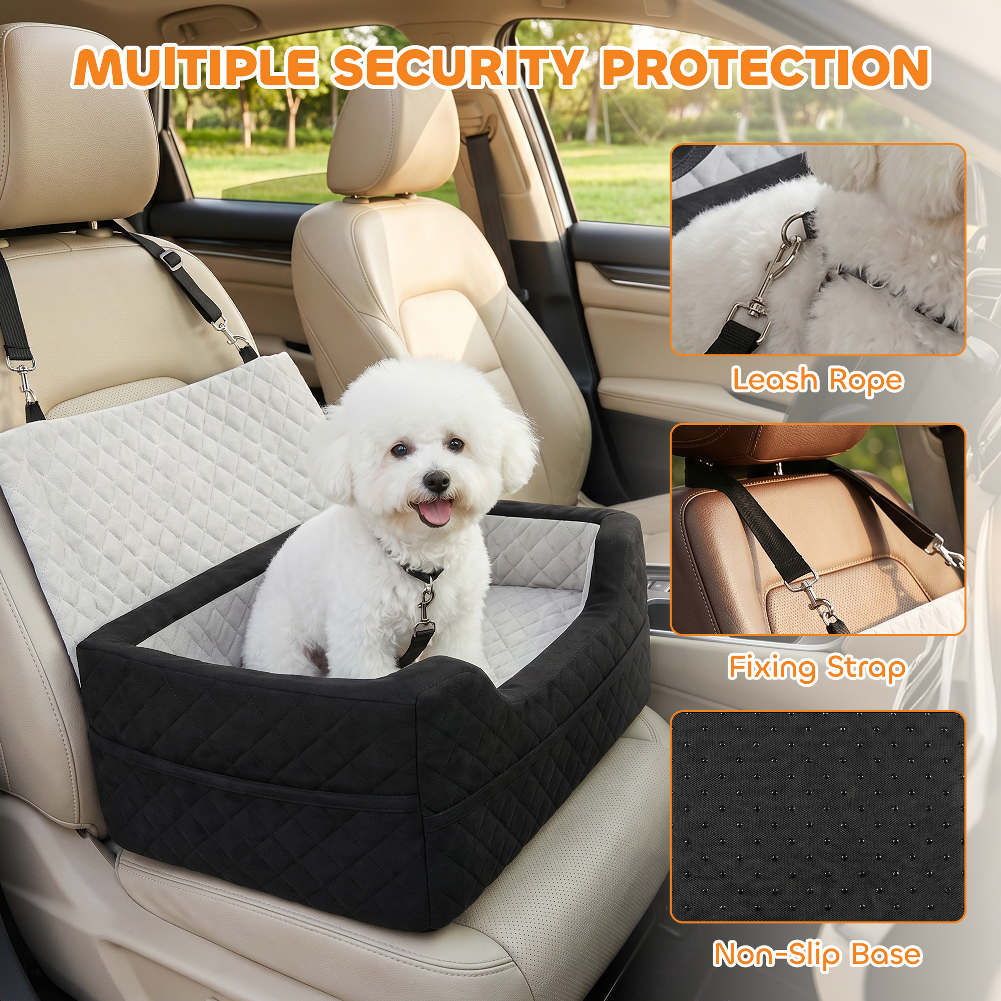 Dog Car Seat, Dog Booster Car Seat Washable with Adjustable Safety Leash, Storage Pockets for Small Under 10kg, Grey