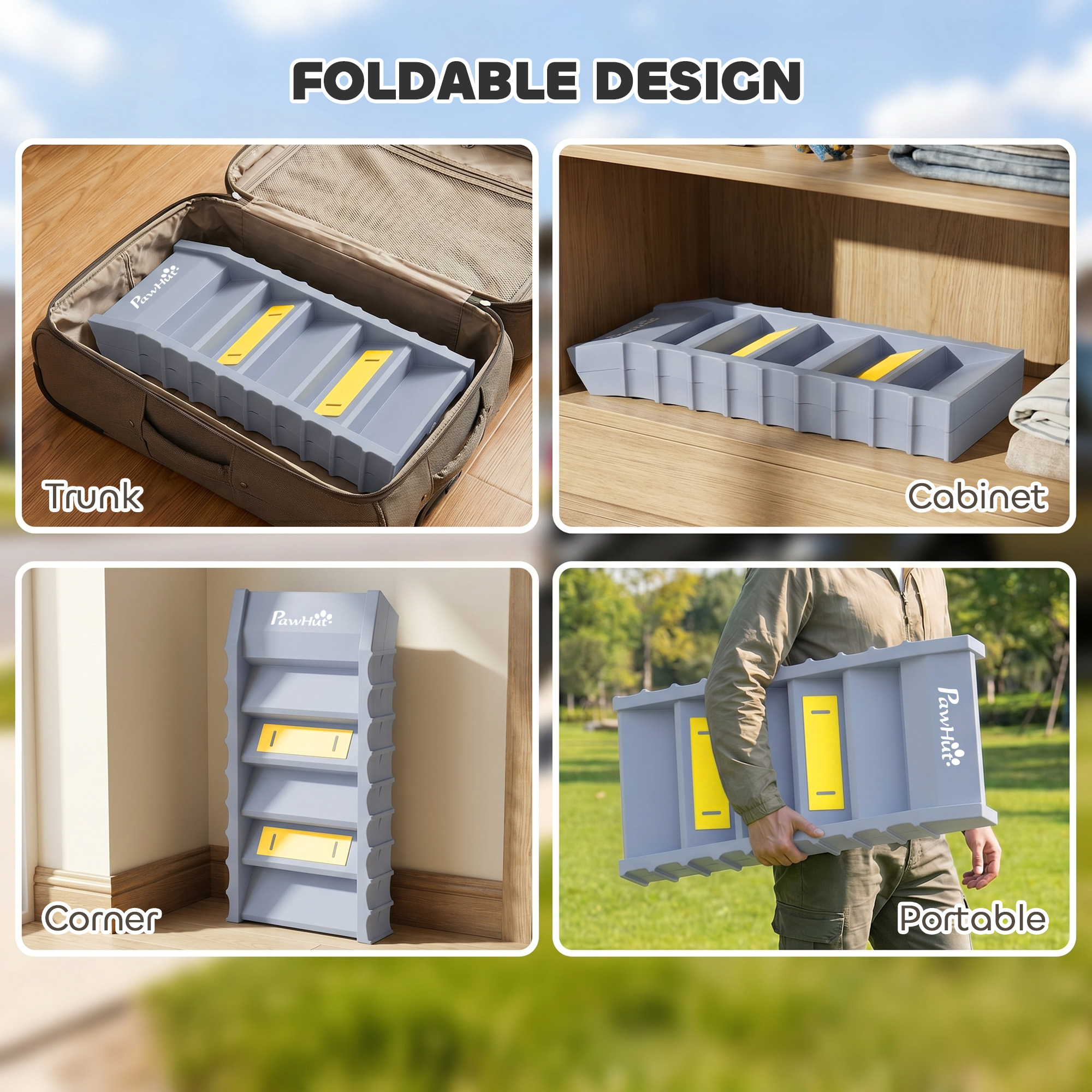 Foldable Dog Car Ramp, Dog Ramp with Anti-Slip Steps, Pet Stairs for Senior Pets to Access Cars and High Beds, Grey