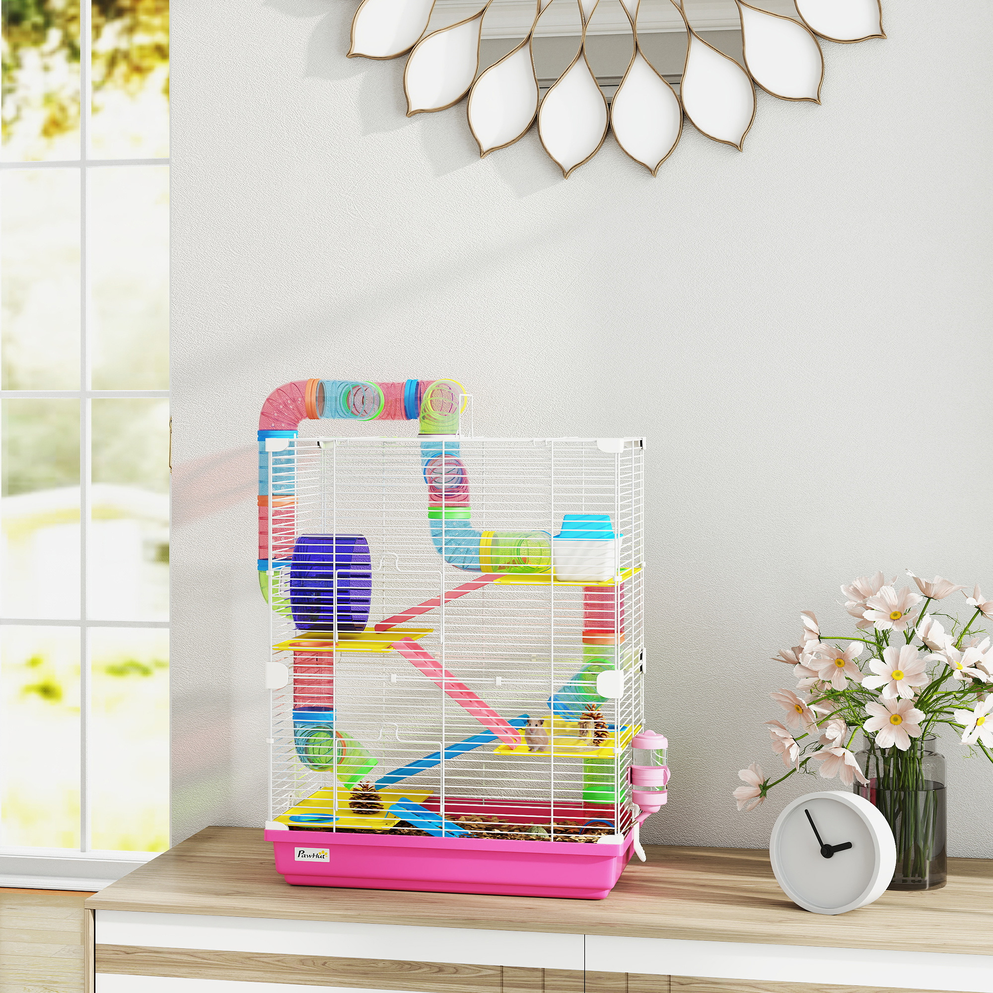 5 Tiers Hamster Cage Portable with Exercise Wheels Play Tube Water Bottle Dishes House Ladder for Gerbils, Pink