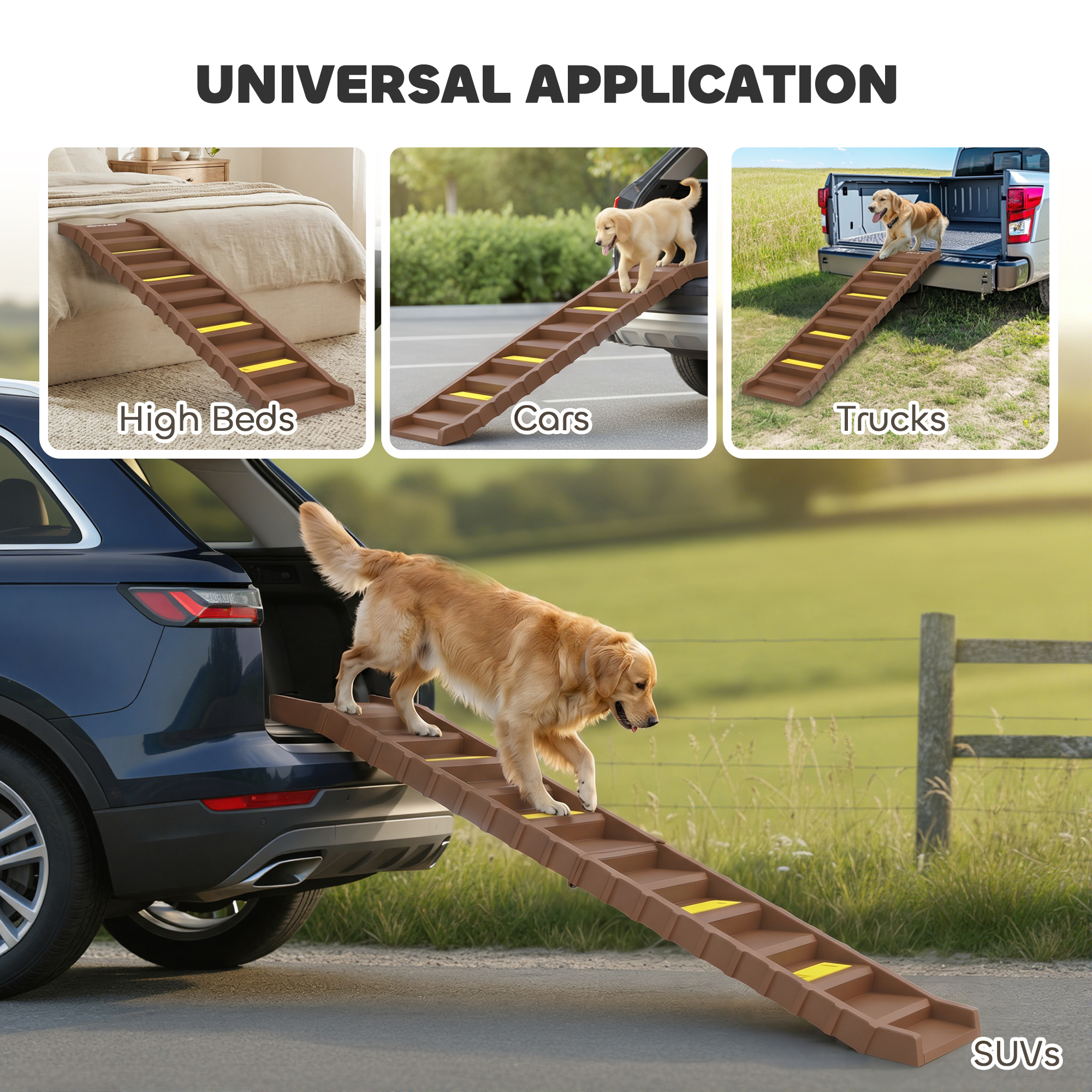 Foldable Dog Car Ramp, Dog Ramp with Anti-Slip Steps, Pet Stairs for Senior Pets to Access Cars and High Beds, Brown