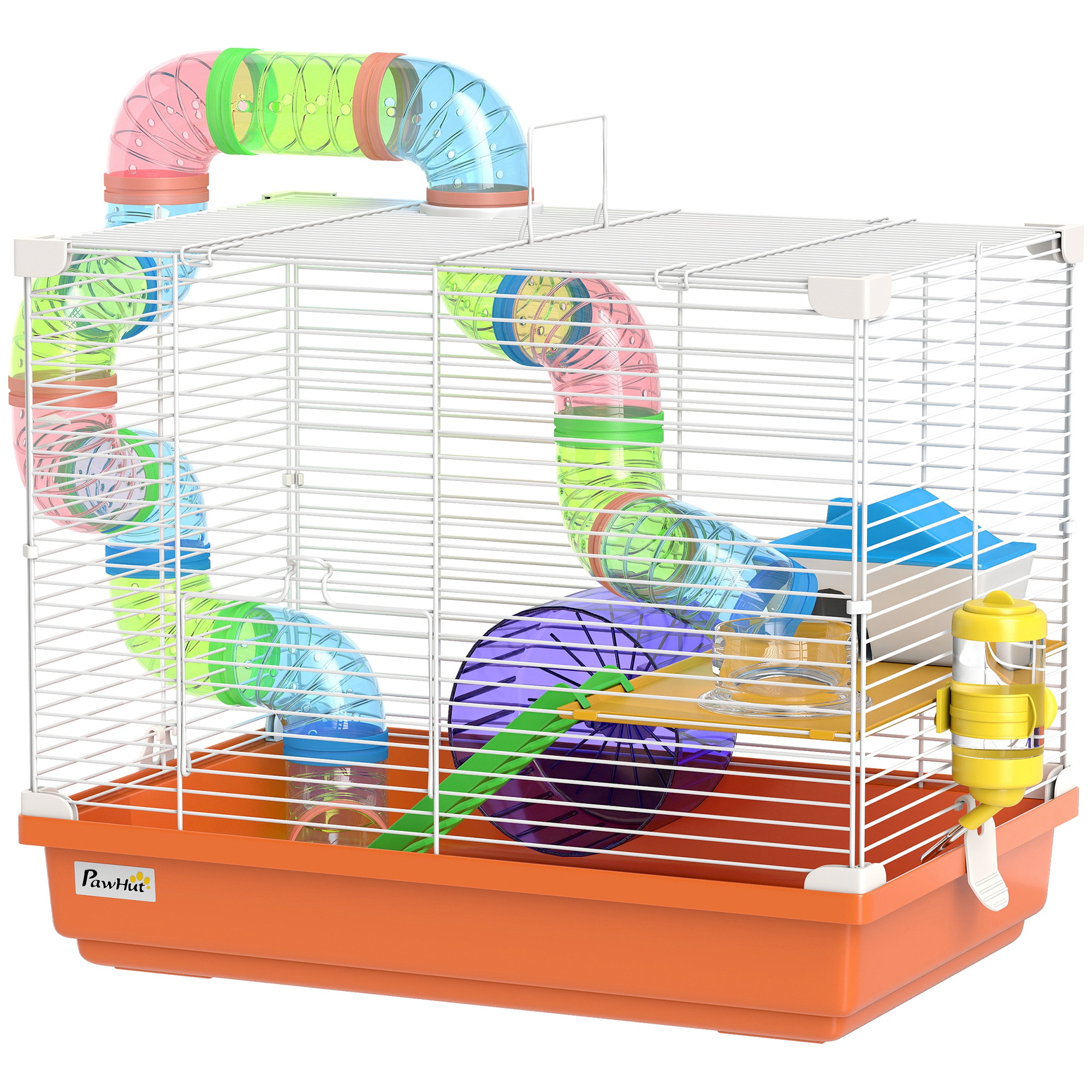 18"L Hamster Cage, Small Animal House, 2-Level Rat Gerbil Haven with Tunnel Tube System, Orange