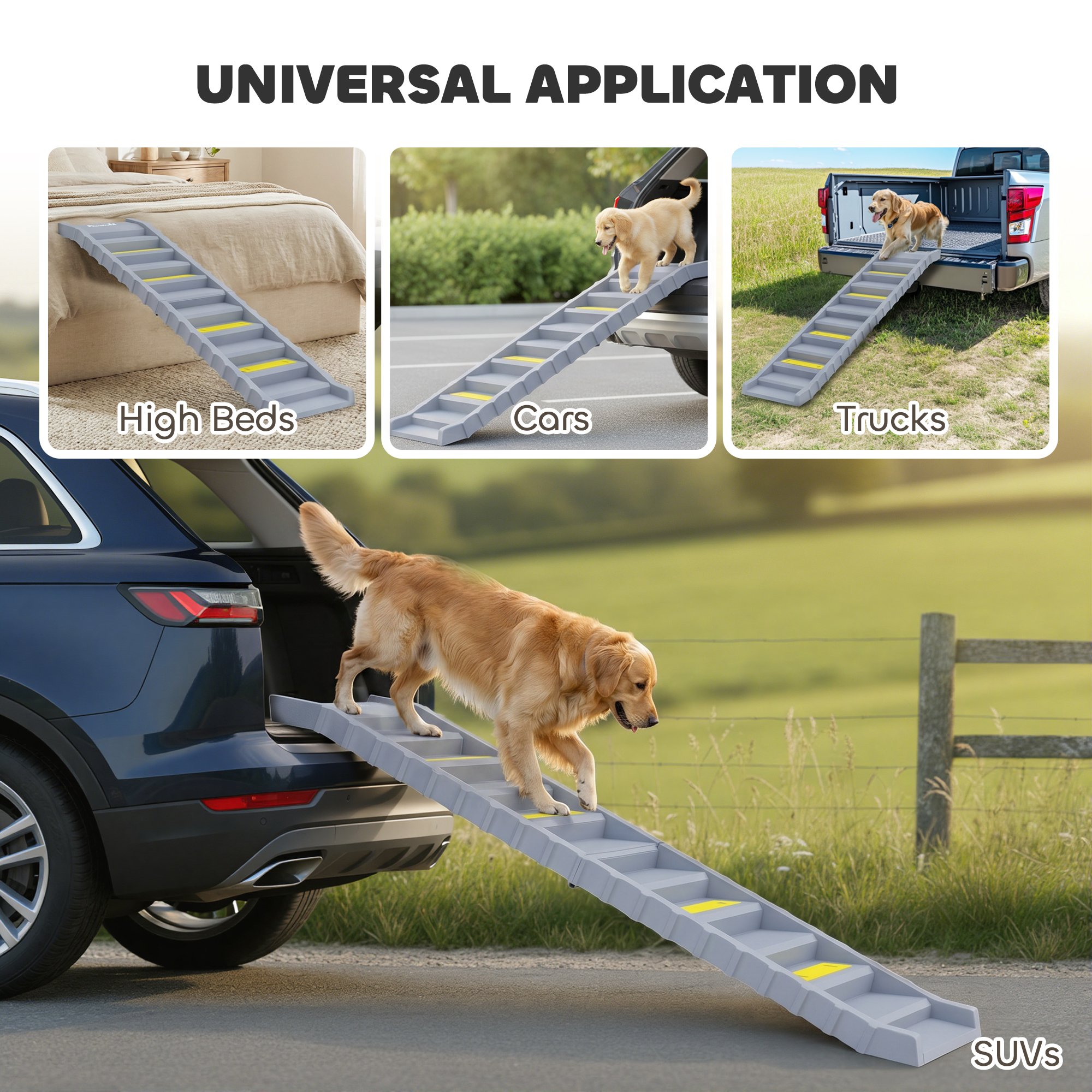 Foldable Dog Car Ramp, Dog Ramp with Anti-Slip Steps, Pet Stairs for Senior Pets to Access Cars and High Beds, Grey