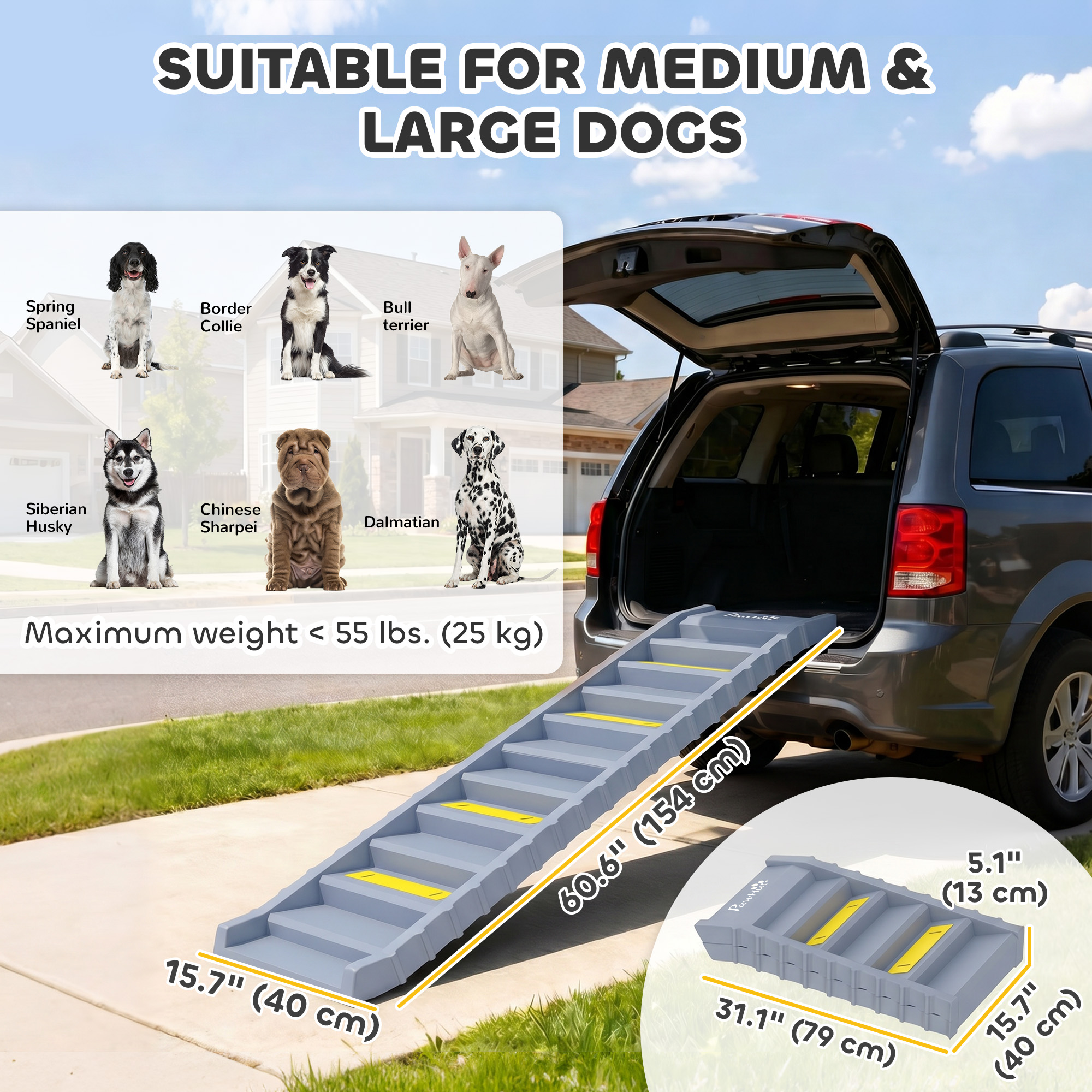 Foldable Dog Car Ramp, Dog Ramp with Anti-Slip Steps, Pet Stairs for Senior Pets to Access Cars and High Beds, Grey