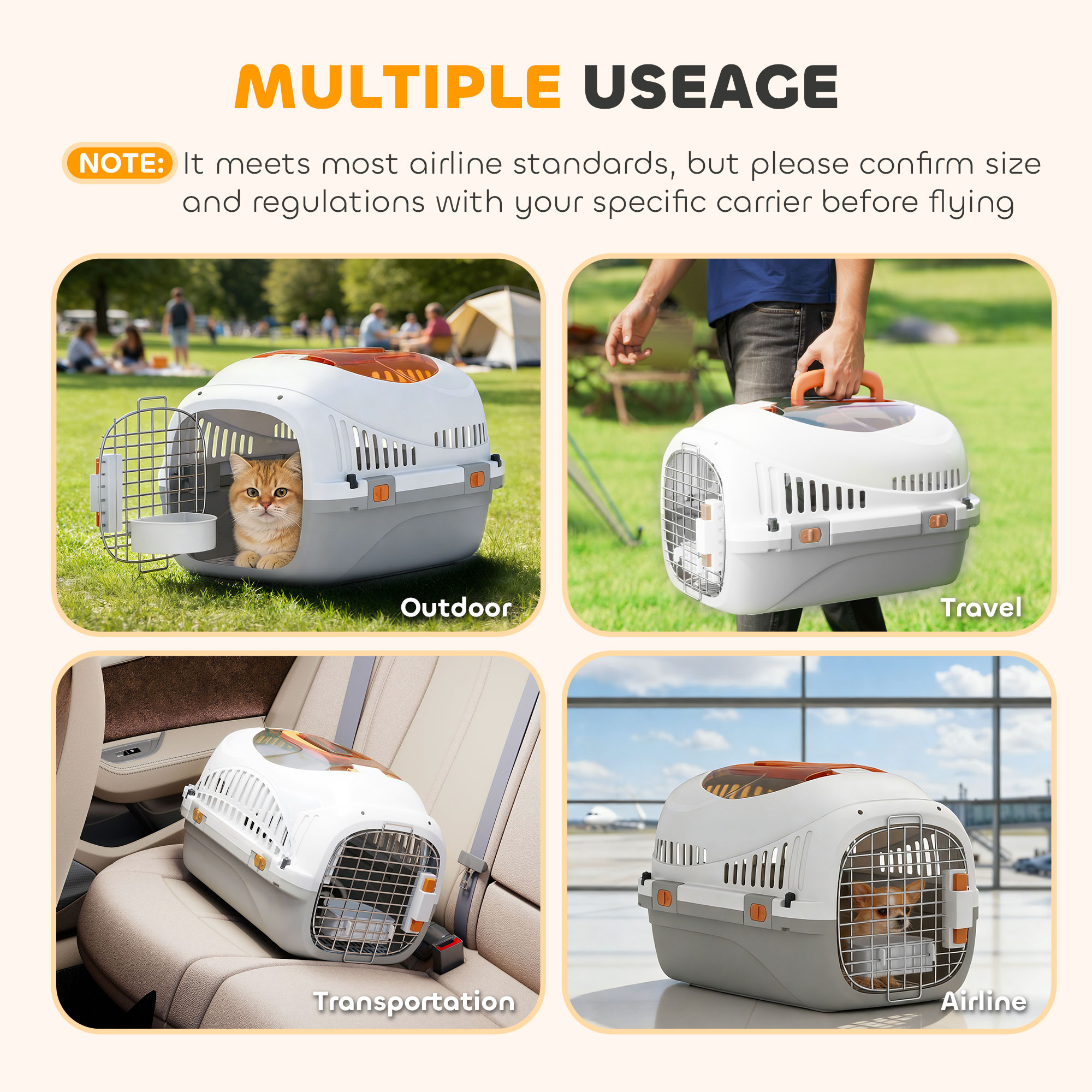 Hard-Sided Travel Pet Carrier, Plastic Dog and Cat Kennel for Small Dogs and Cats, Portable Crate with Steel Wire Door