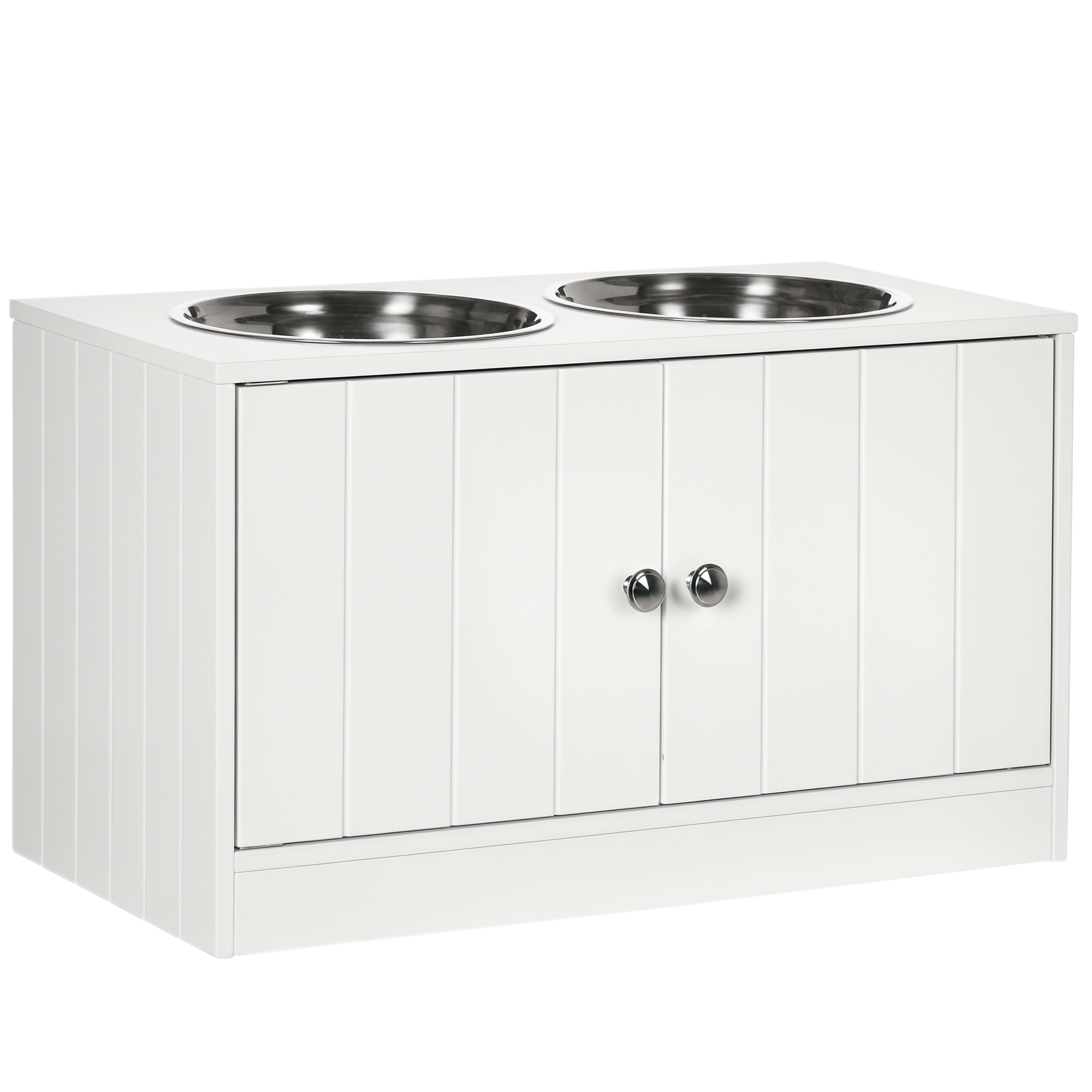 Elevated Dog Bowls for Large Dogs Pet Feeding Station with Stand, Storage, 2 Stainless Steel Food and Water Bowls, White, 23.6" x 11.8" x 14"