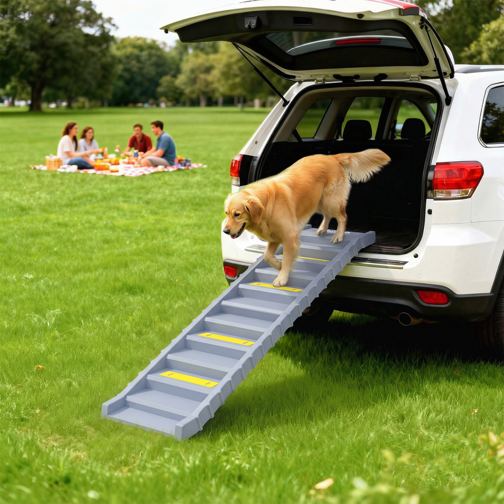 Foldable Dog Car Ramp, Dog Ramp with Anti-Slip Steps, Pet Stairs for Senior Pets to Access Cars and High Beds, Grey
