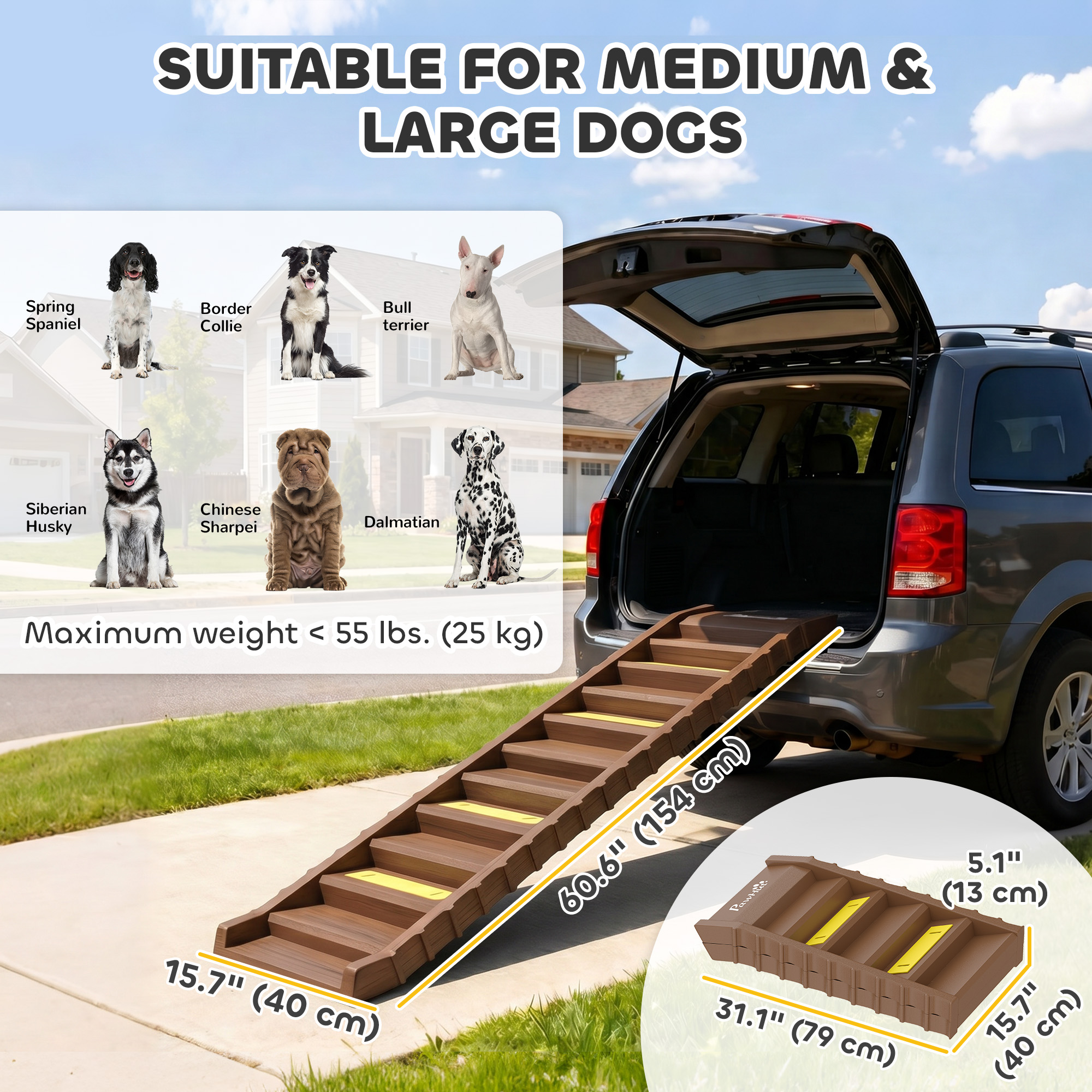 Foldable Dog Car Ramp, Dog Ramp with Anti-Slip Steps, Pet Stairs for Senior Pets to Access Cars and High Beds, Brown