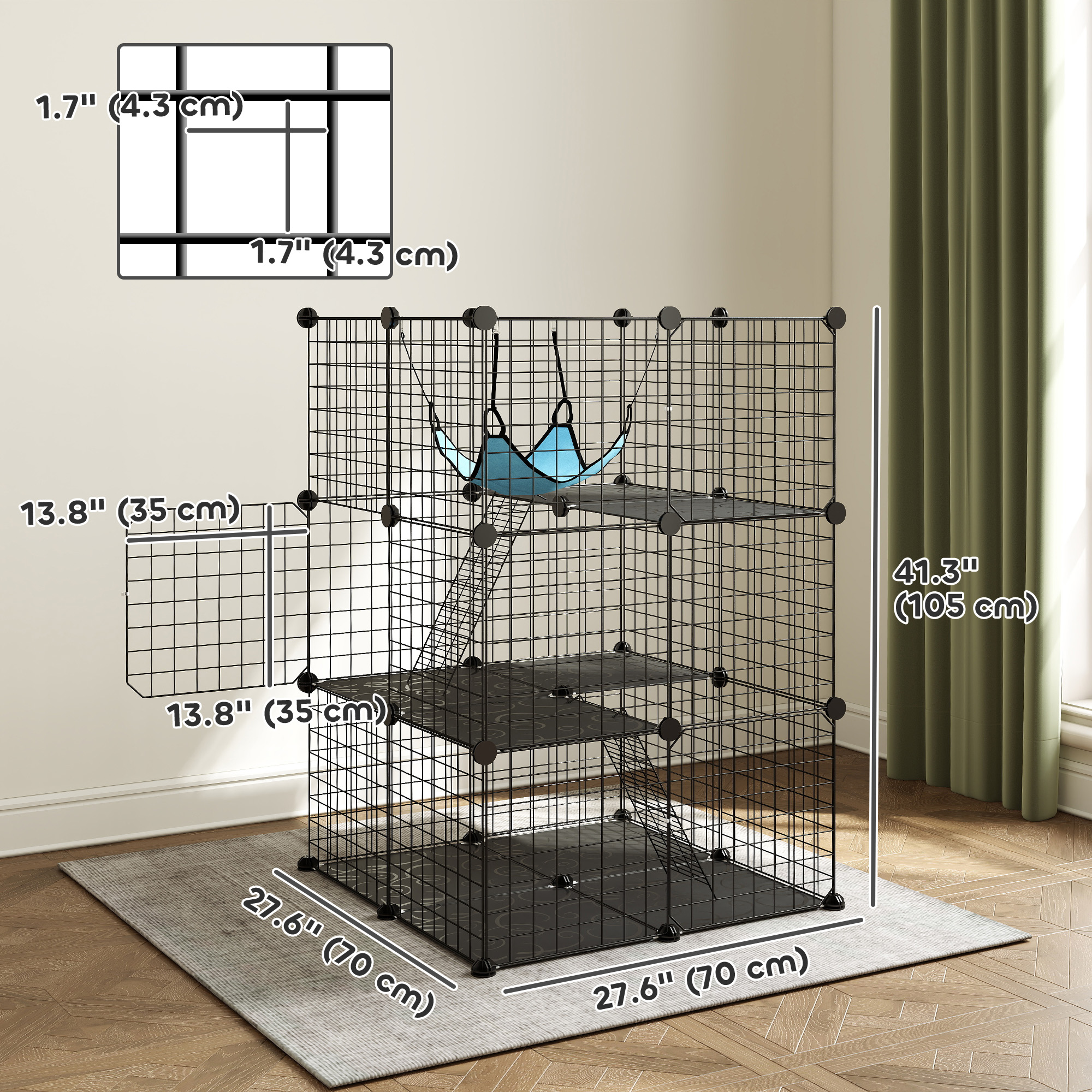 3 Tier Cat Cage Crate, DIY Pet Playpen with 3 Doors, Ladders, Hammock, Platforms, Indoor Playpen for Kittens, Black