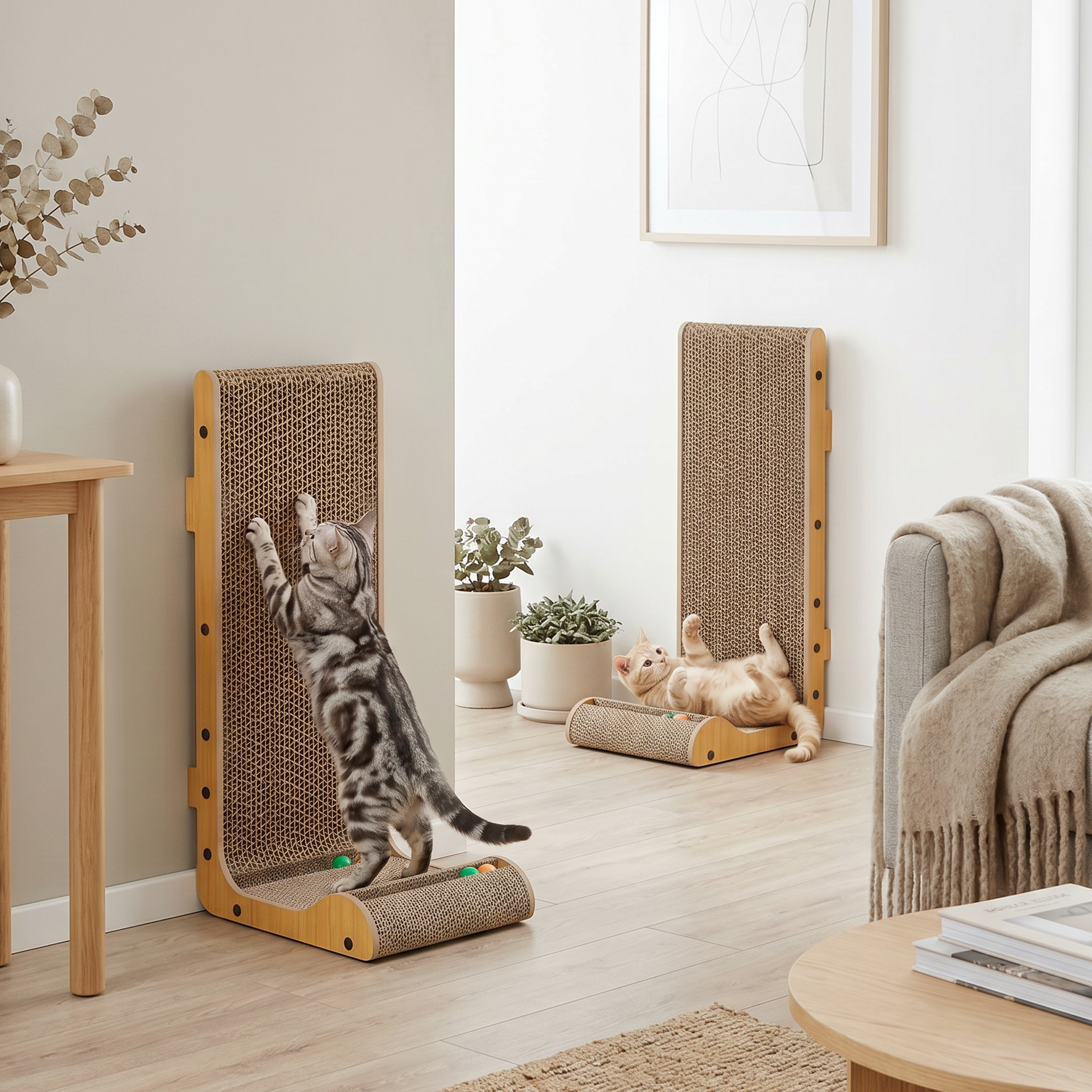2PCS Cat Scratching Board L Shape Cat Scratcher Cat Scratching Pad with 3 Toy Balls, Catnip