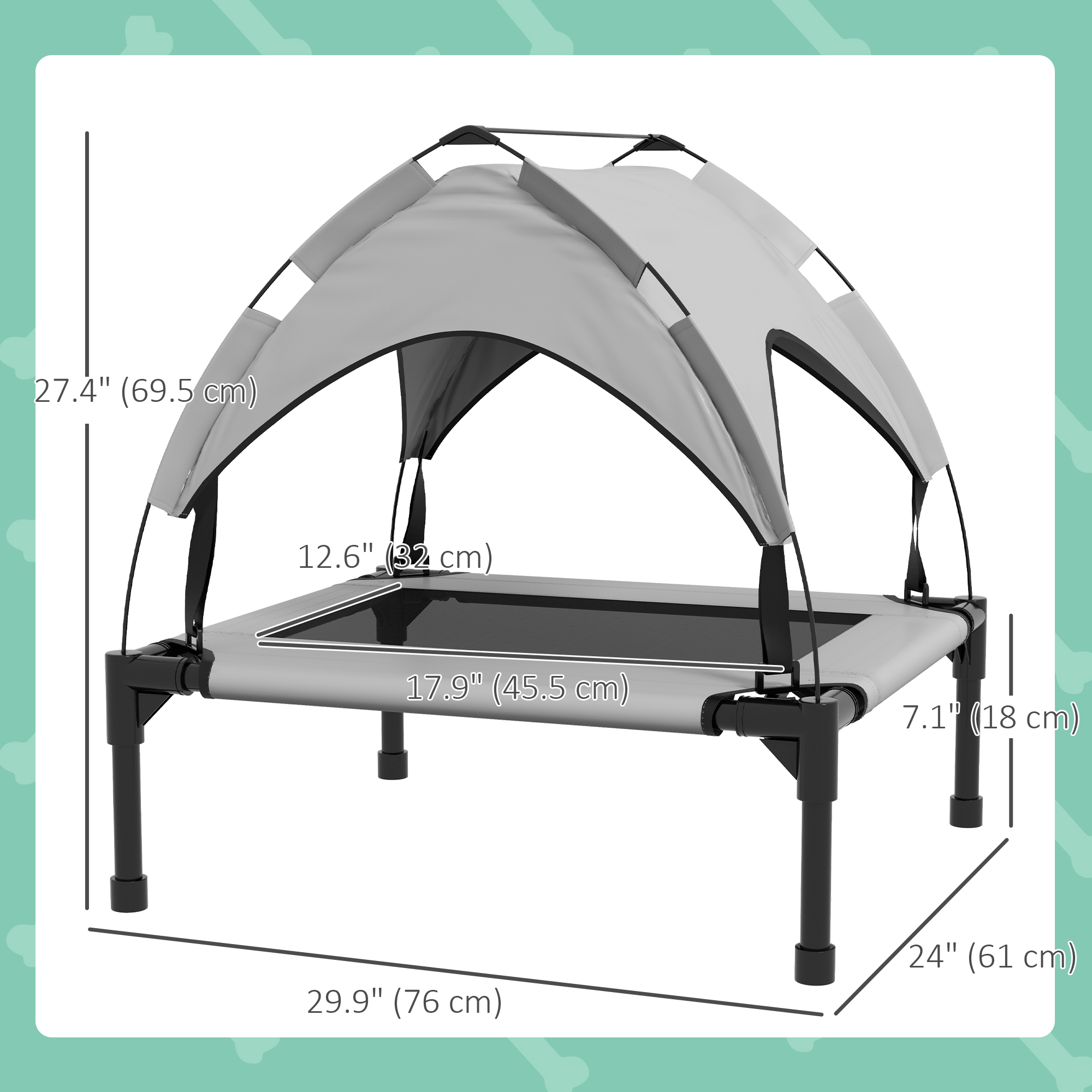 Raised Dog Bed Cooling Dog Cot w/ Canopy Washable Breathable Mesh, for Small and Medium Dogs, Light Grey