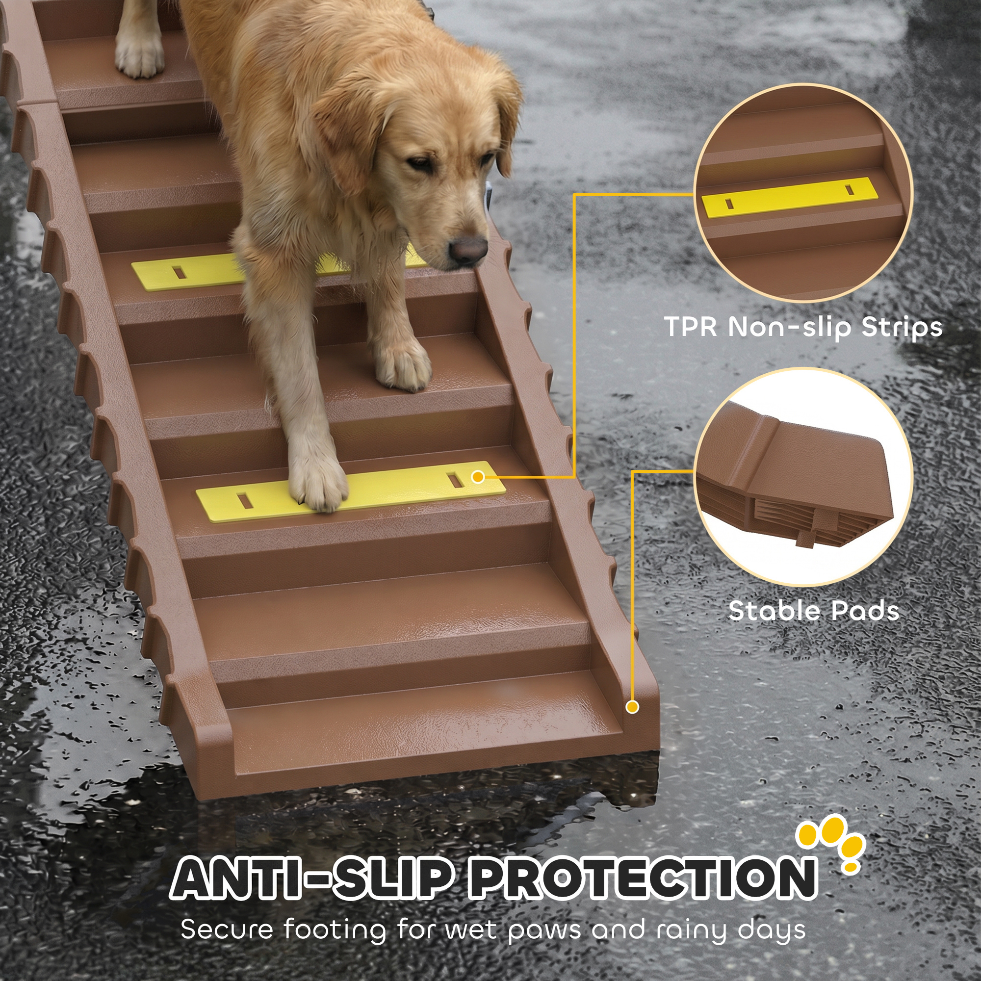 Foldable Dog Car Ramp, Dog Ramp with Anti-Slip Steps, Pet Stairs for Senior Pets to Access Cars and High Beds, Brown