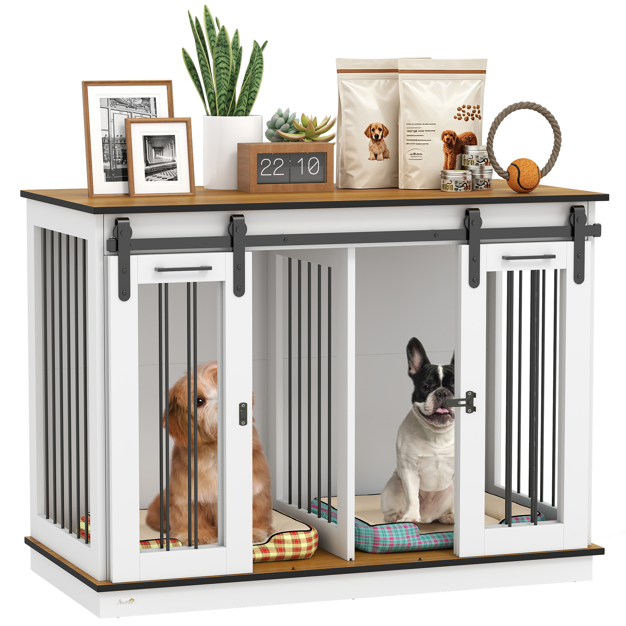 47in Dog Crate Furniture with Divider Panel, Wooden Dog Kennel TV Stand for Large Breeds, Pet House Side Table for 2 Small Breeds with 2 Rooms Design, 2 Sliding Doors, White