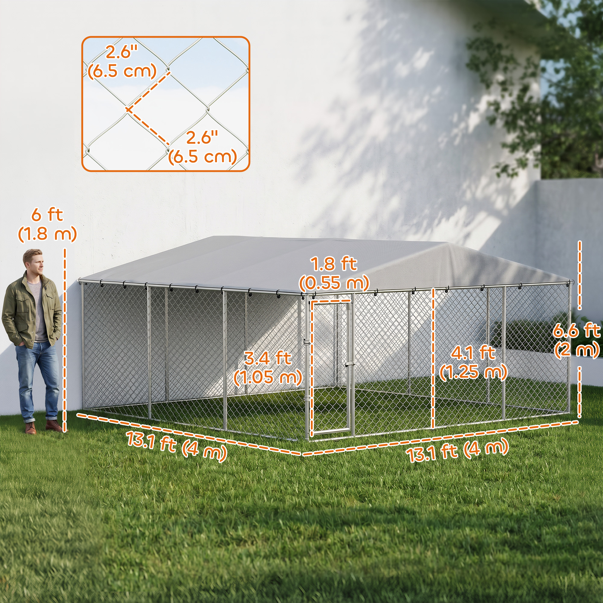 13.1' x 13.1' x 6.6' Outdoor Dog Kennel Heavy Duty Galvanized Steel Chain Link with UV-resistant Roof, Silver