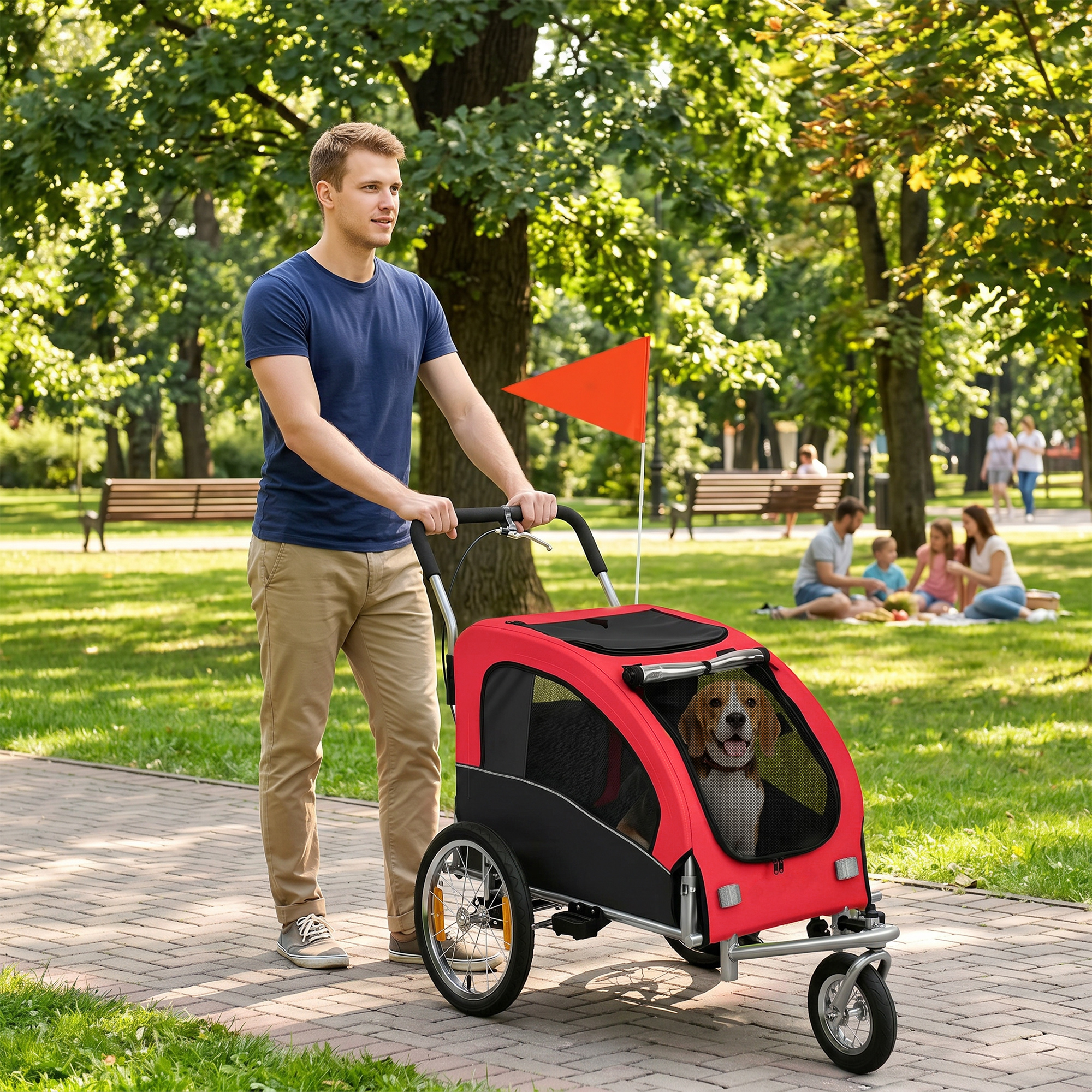 2 in 1 Dog Bike Trailer, Foldable Pet Stroller, Dog Bicycle Trailer with Suspension, Universal Bicycle Coupler, Red