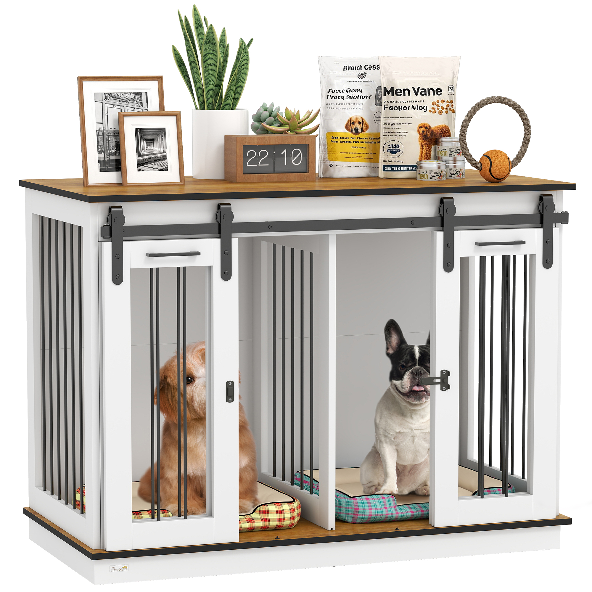 47in Dog Crate Furniture with Divider Panel, Wooden Dog Kennel TV Stand for Large Breeds, Pet House Side Table for 2 Small Breeds with 2 Rooms Design, 2 Sliding Doors, White