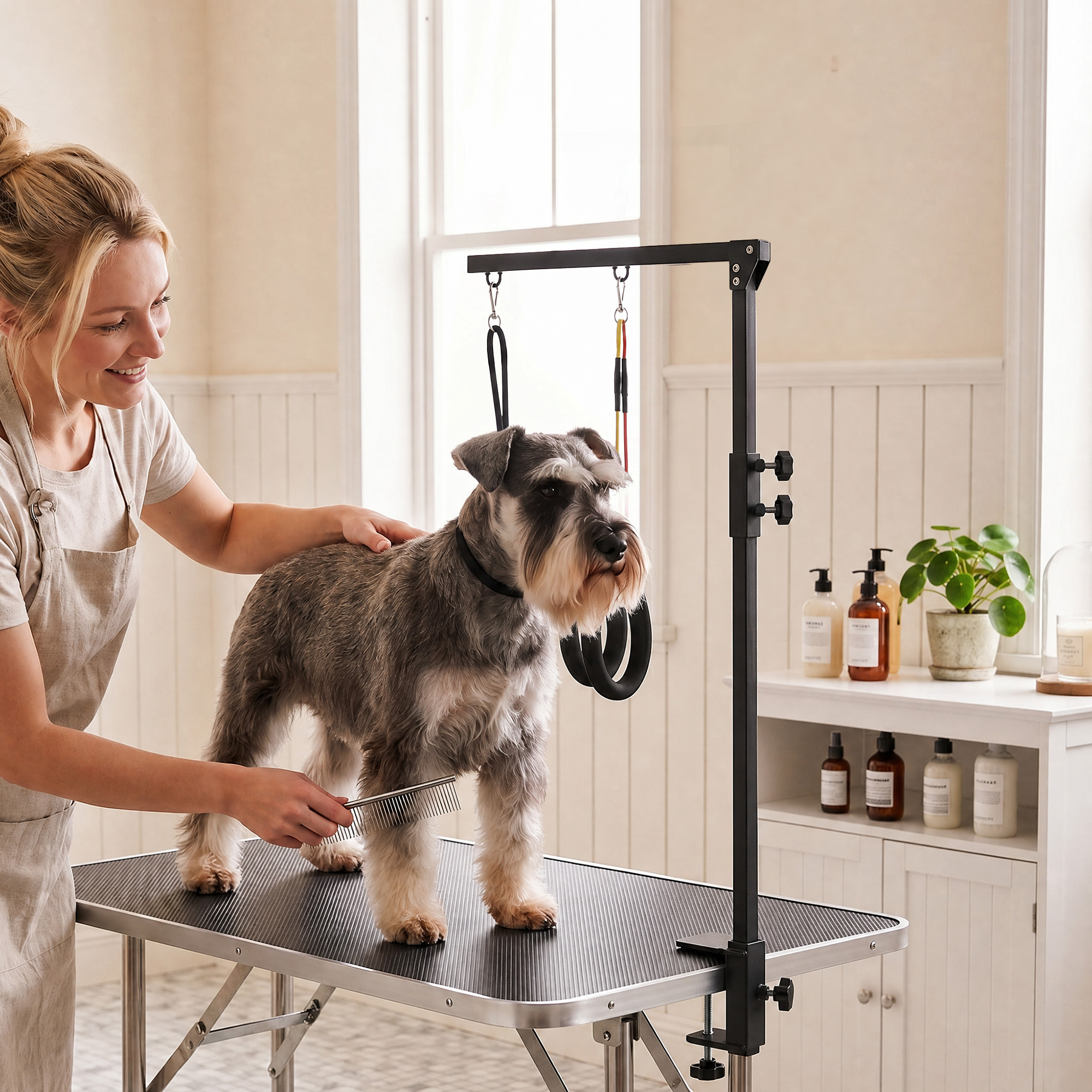 Dog Grooming Arm with Clamp Adjustable Foldable Dog Grooming 2 Loop Noose Small Medium Dogs 18.9" -32.3" Black