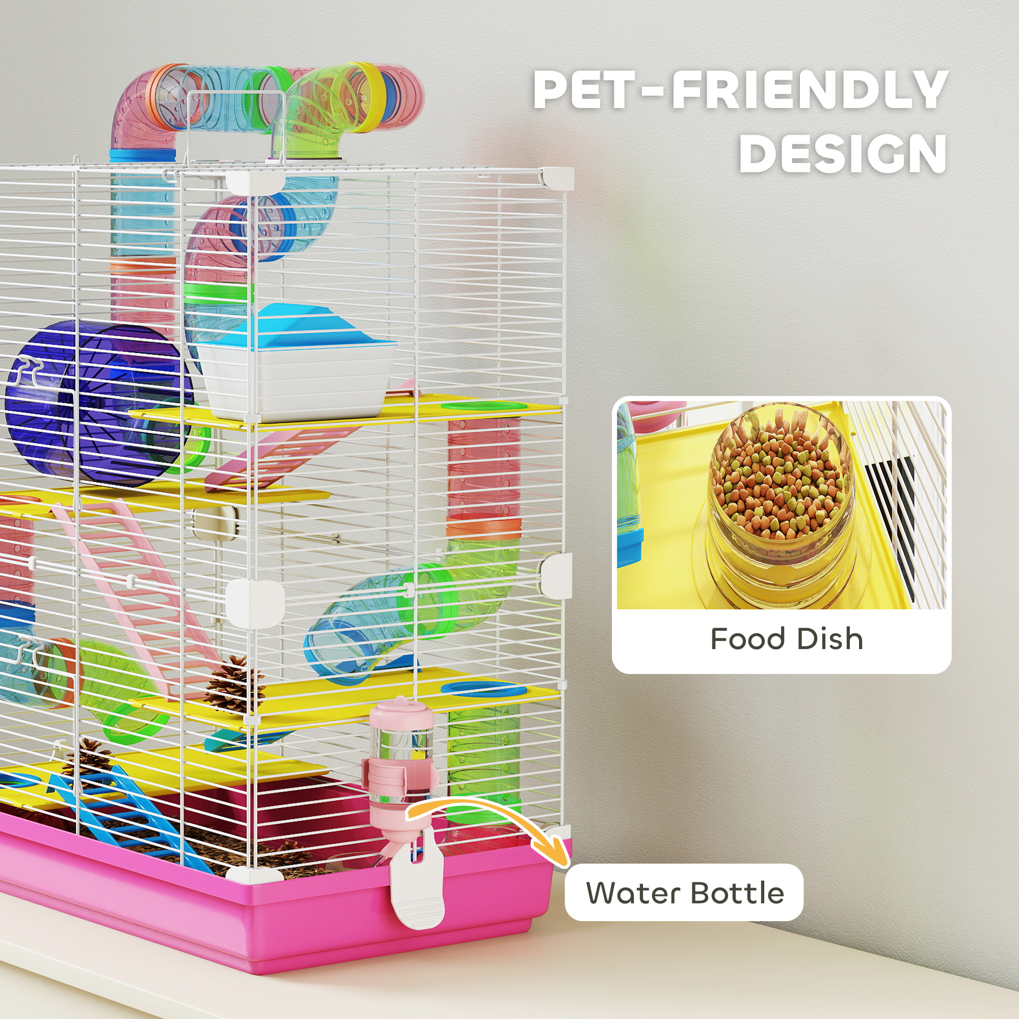 5 Tiers Hamster Cage Portable with Exercise Wheels Play Tube Water Bottle Dishes House Ladder for Gerbils, Pink