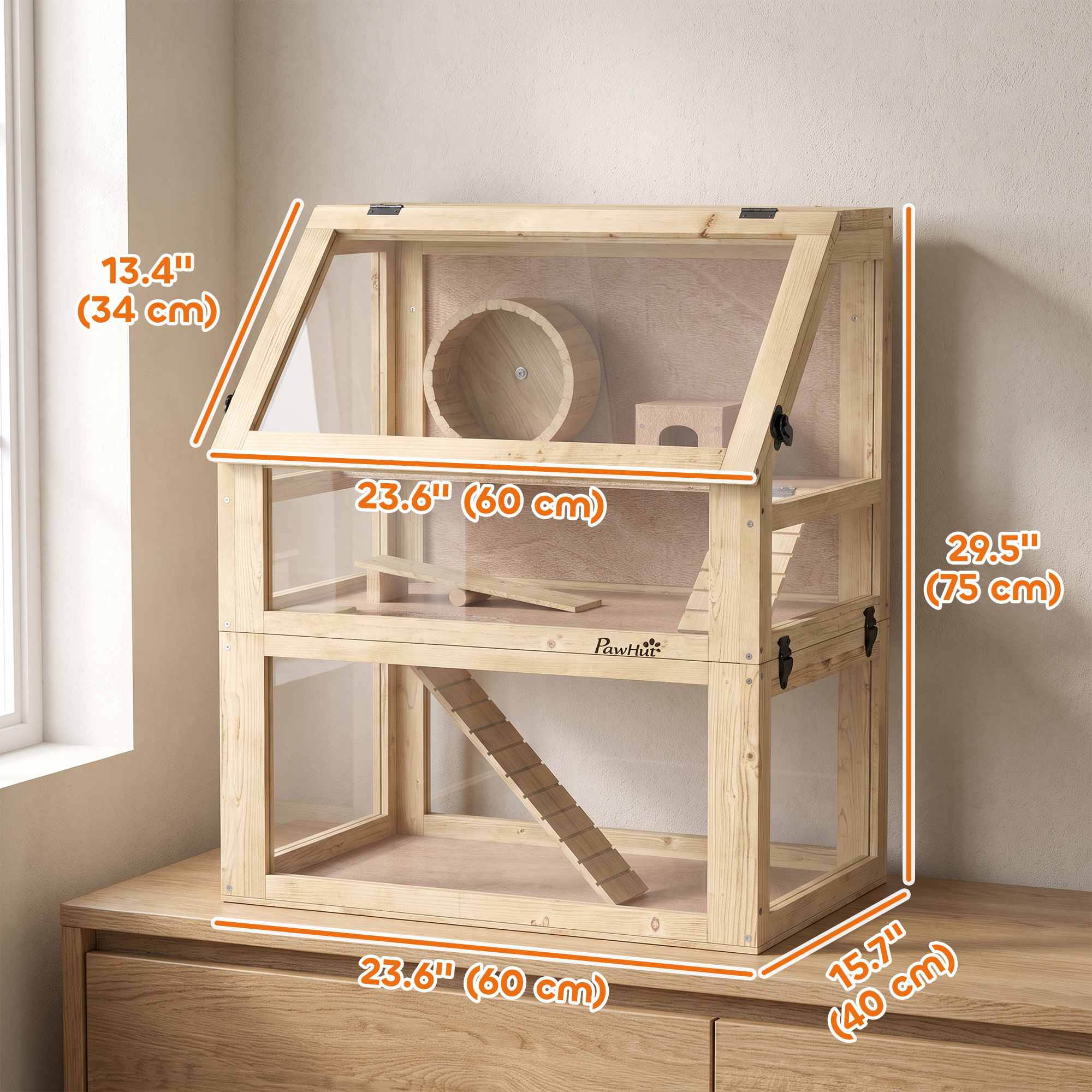 Wooden Hamster Cage, 3 Tier Gerbil Cage with Deep Bottom, Hut, Seesaw, Exercise Wheel, Ramps, 24" x 16" x 29.5"