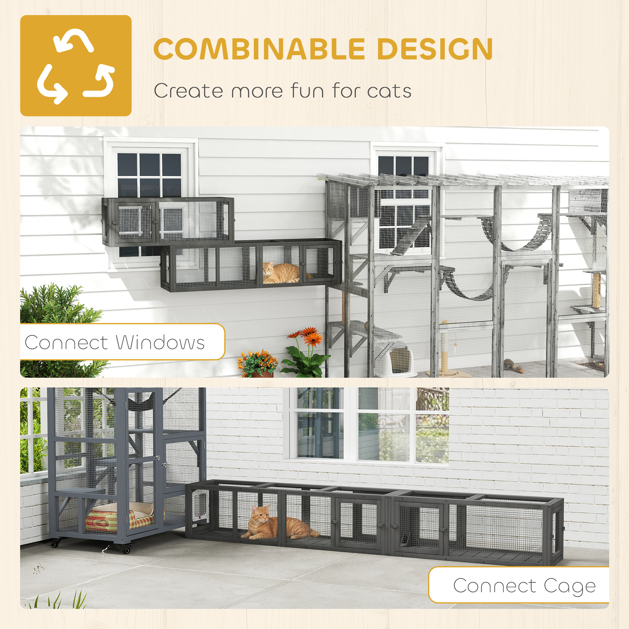 Cat Tunnel, Outdoor Cat Enclosure with Combinable Design, 8 Doors, 98" Kitty Toys for House, Window, Cage, Dark Grey