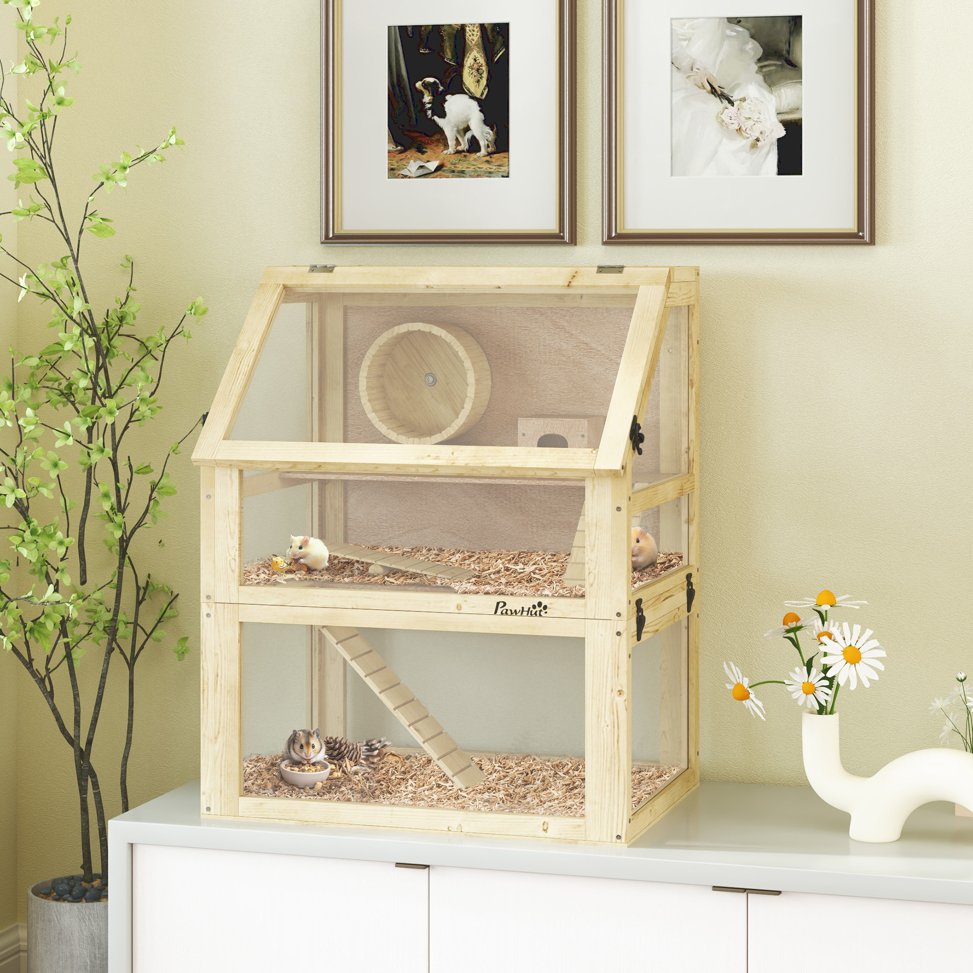 Wooden Hamster Cage, 3 Tier Gerbil Cage with Deep Bottom, Hut, Seesaw, Exercise Wheel, Ramps, 24" x 16" x 29.5"