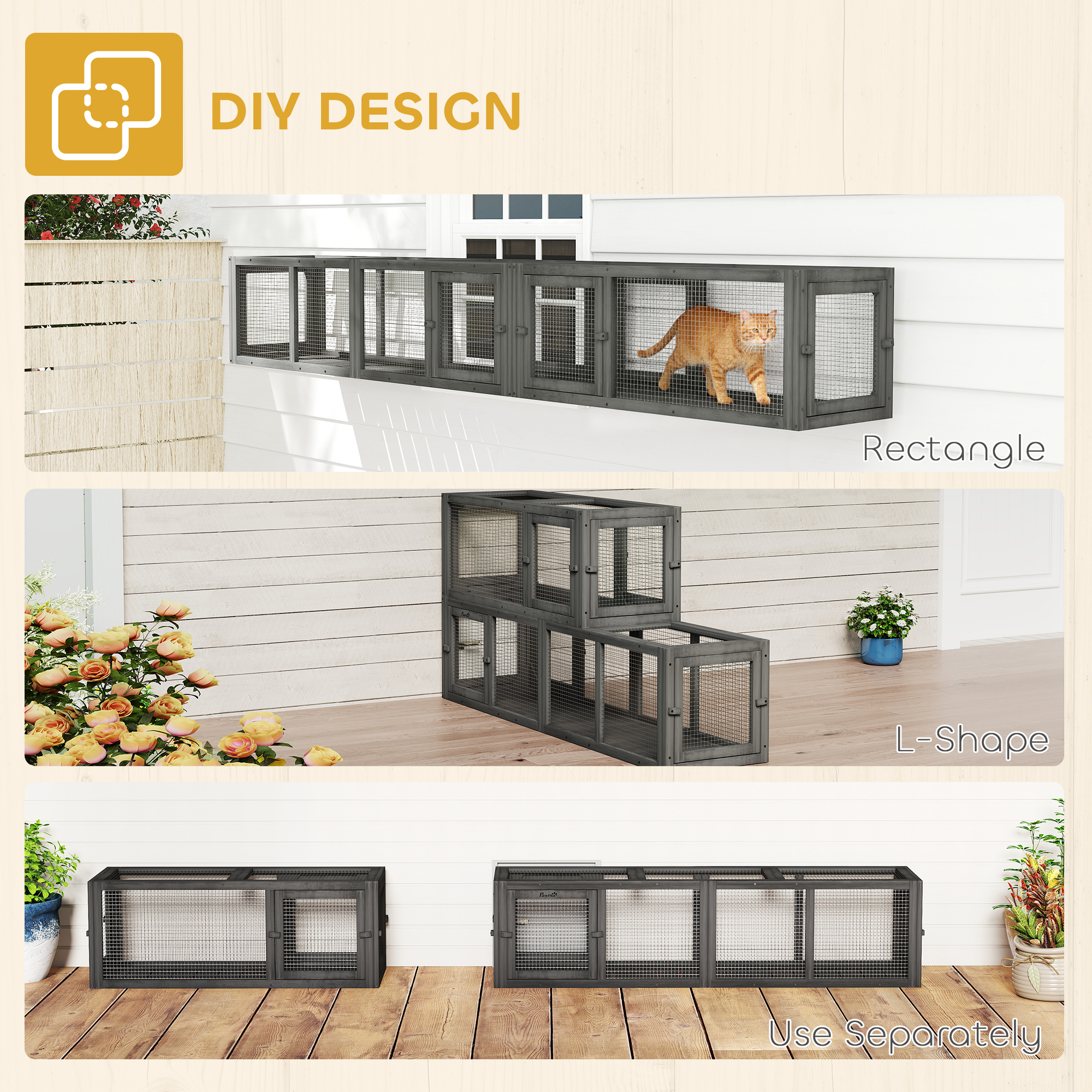 Cat Tunnel, Outdoor Cat Enclosure with Combinable Design, 8 Doors, 98" Kitty Toys for House, Window, Cage, Dark Grey