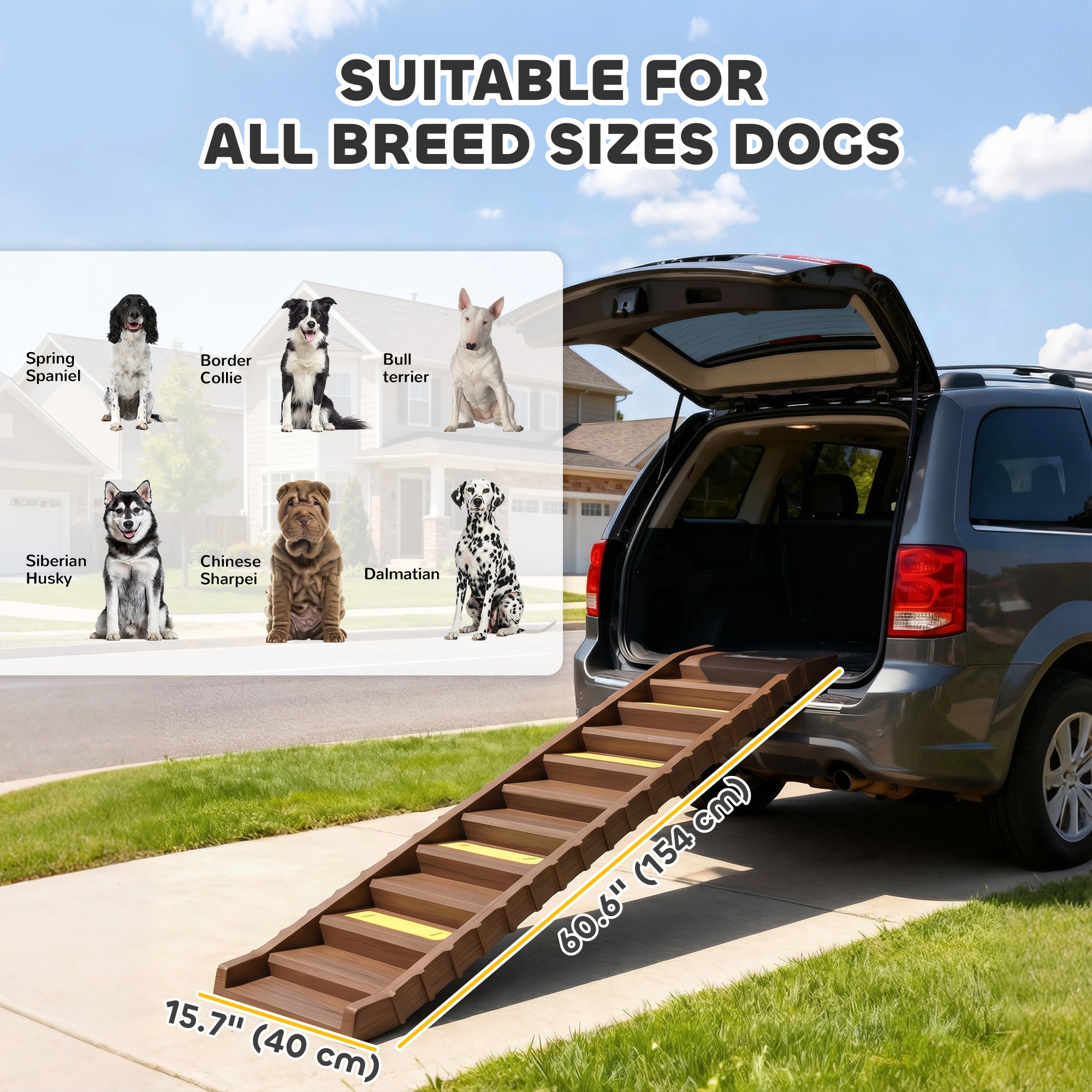 Foldable Dog Car Ramp, Dog Ramp with Anti-Slip Steps, Pet Stairs for Senior Pets to Access Cars and High Beds, Brown