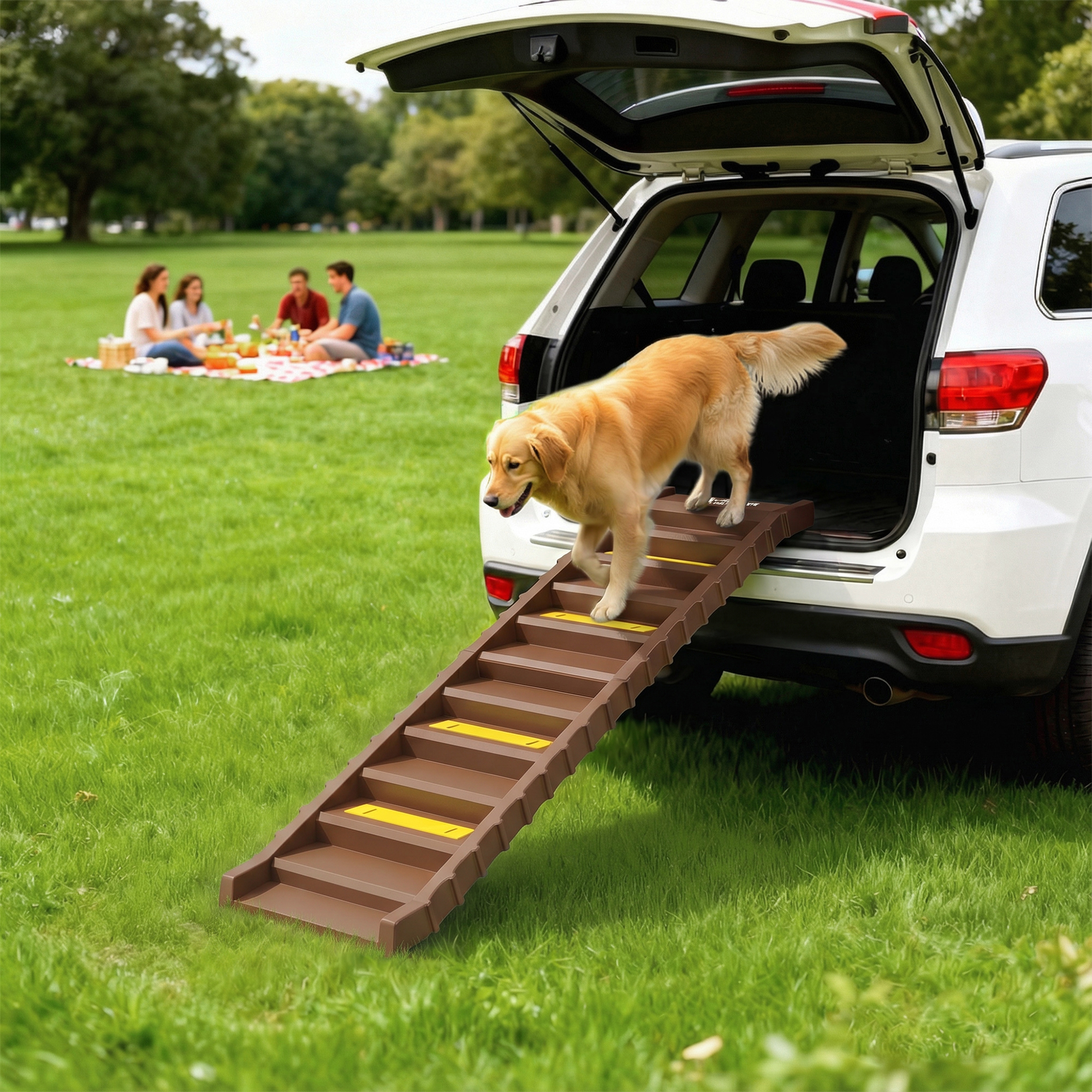 Foldable Dog Car Ramp, Dog Ramp with Anti-Slip Steps, Pet Stairs for Senior Pets to Access Cars and High Beds, Brown