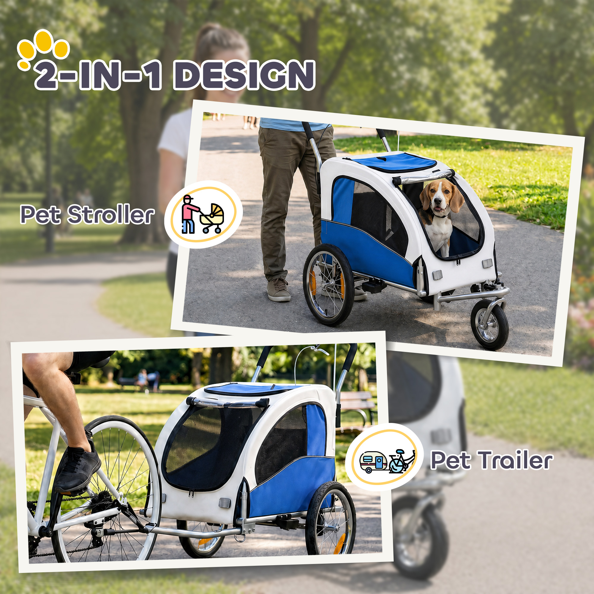 2 in 1 Dog Bike Trailer, Foldable Pet Stroller, Dog Bicycle Trailer w/ Suspension, Universal Bicycle Coupler, Light Grey