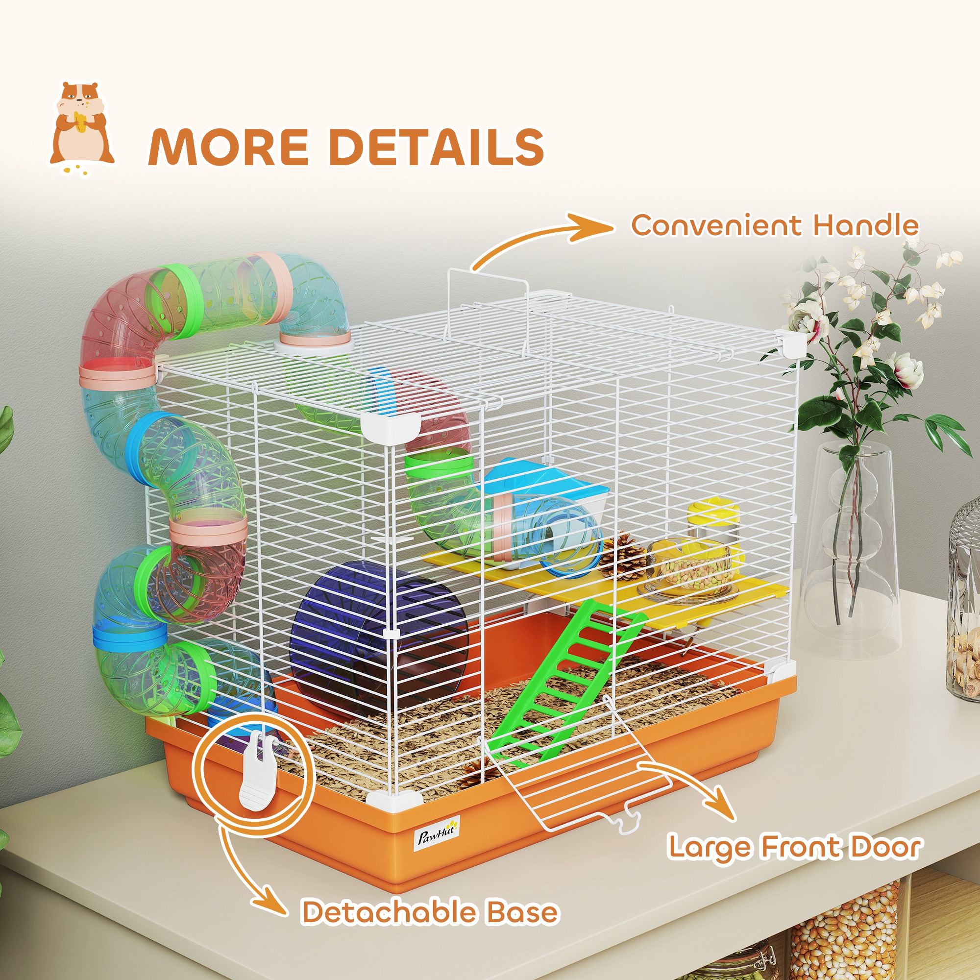 18"L Hamster Cage, Small Animal House, 2-Level Rat Gerbil Haven with Tunnel Tube System, Orange