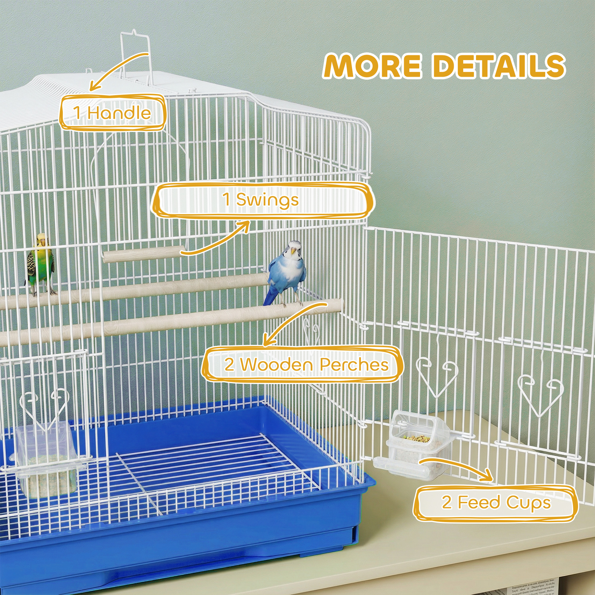 23" Bird Cage, Finches Canaries, Parrot Cage with Doors Perches, 2 Feeder Pet Supplies, Blue