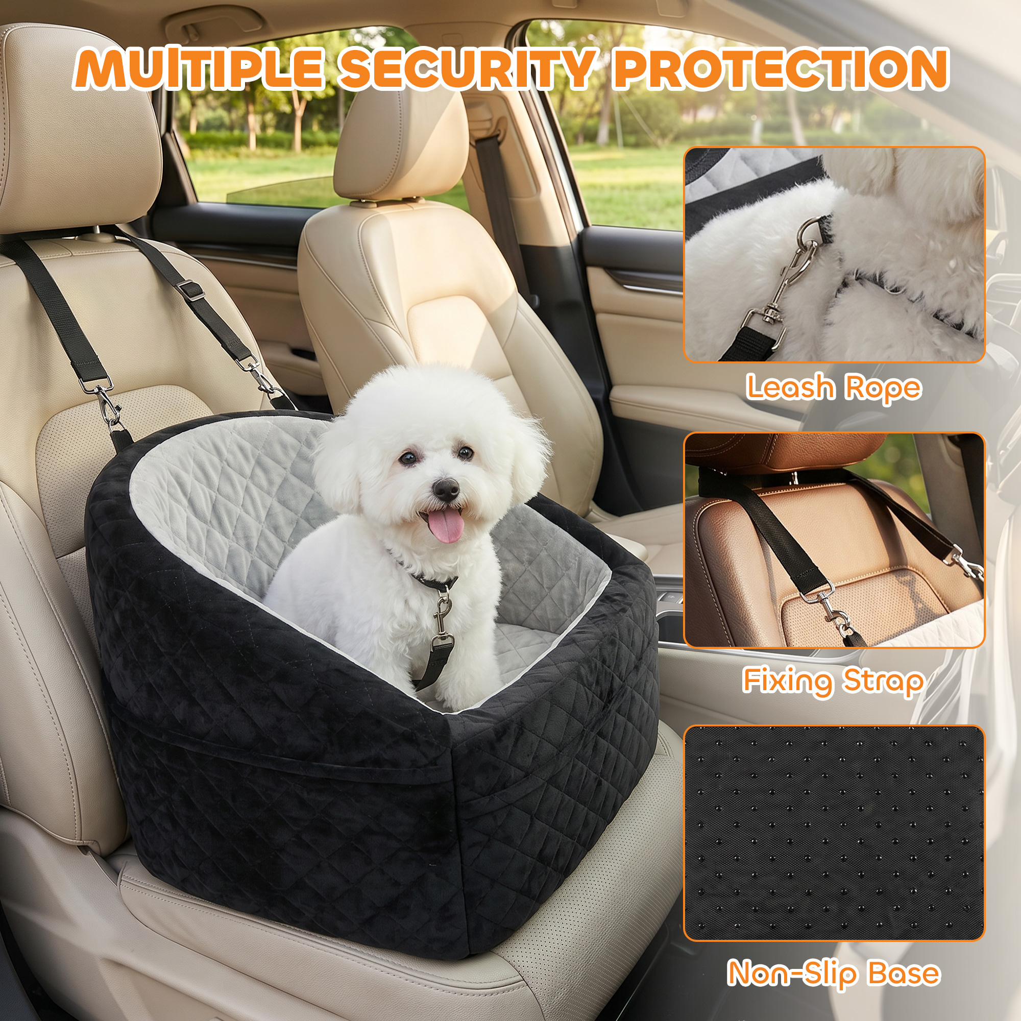 Dog Car Seat, Dog Booster Car Seat Washable with Adjustable Safety Leash, Storage Pockets for Small Under 10kg, Grey