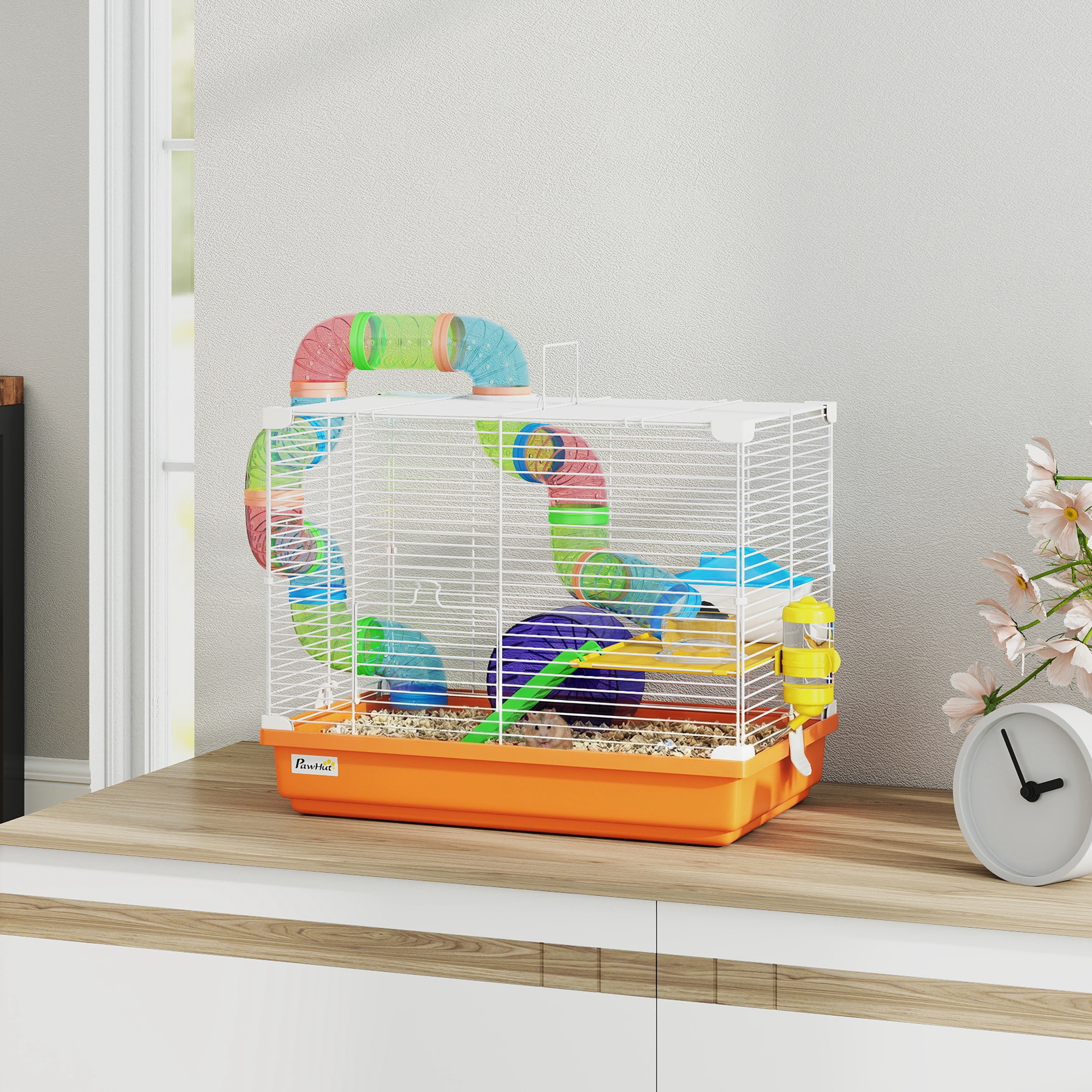 18"L Hamster Cage, Small Animal House, 2-Level Rat Gerbil Haven with Tunnel Tube System, Orange