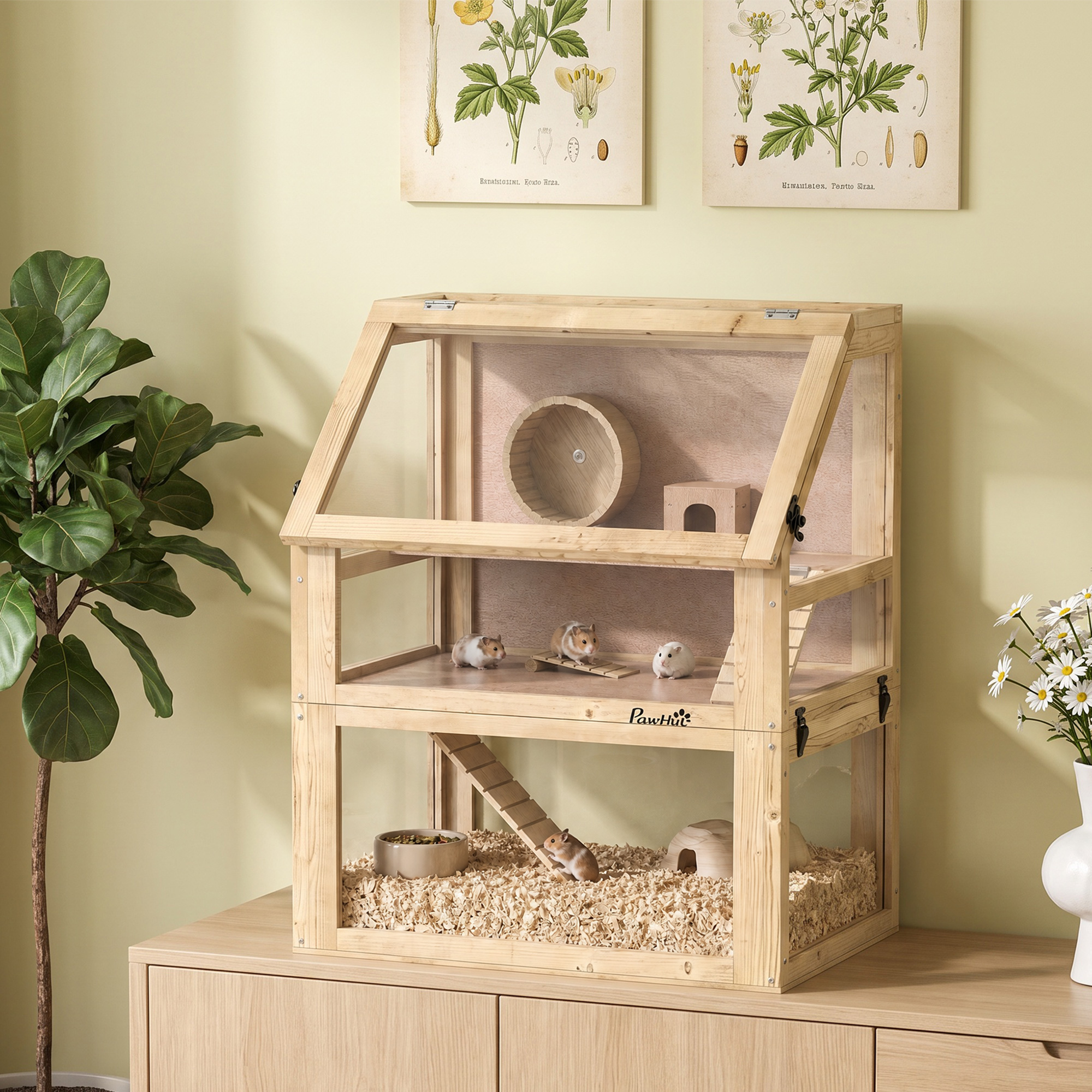 Wooden Hamster Cage, 3 Tier Gerbil Cage with Deep Bottom, Hut, Seesaw, Exercise Wheel, Ramps, 24" x 16" x 29.5"