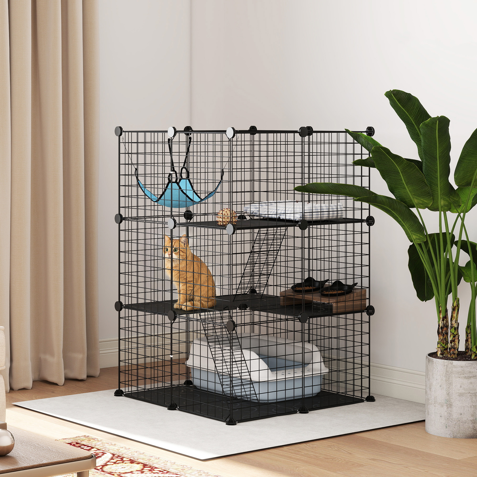 3 Tier Cat Cage Crate, DIY Pet Playpen with 3 Doors, Ladders, Hammock, Platforms, Indoor Playpen for Kittens, Black