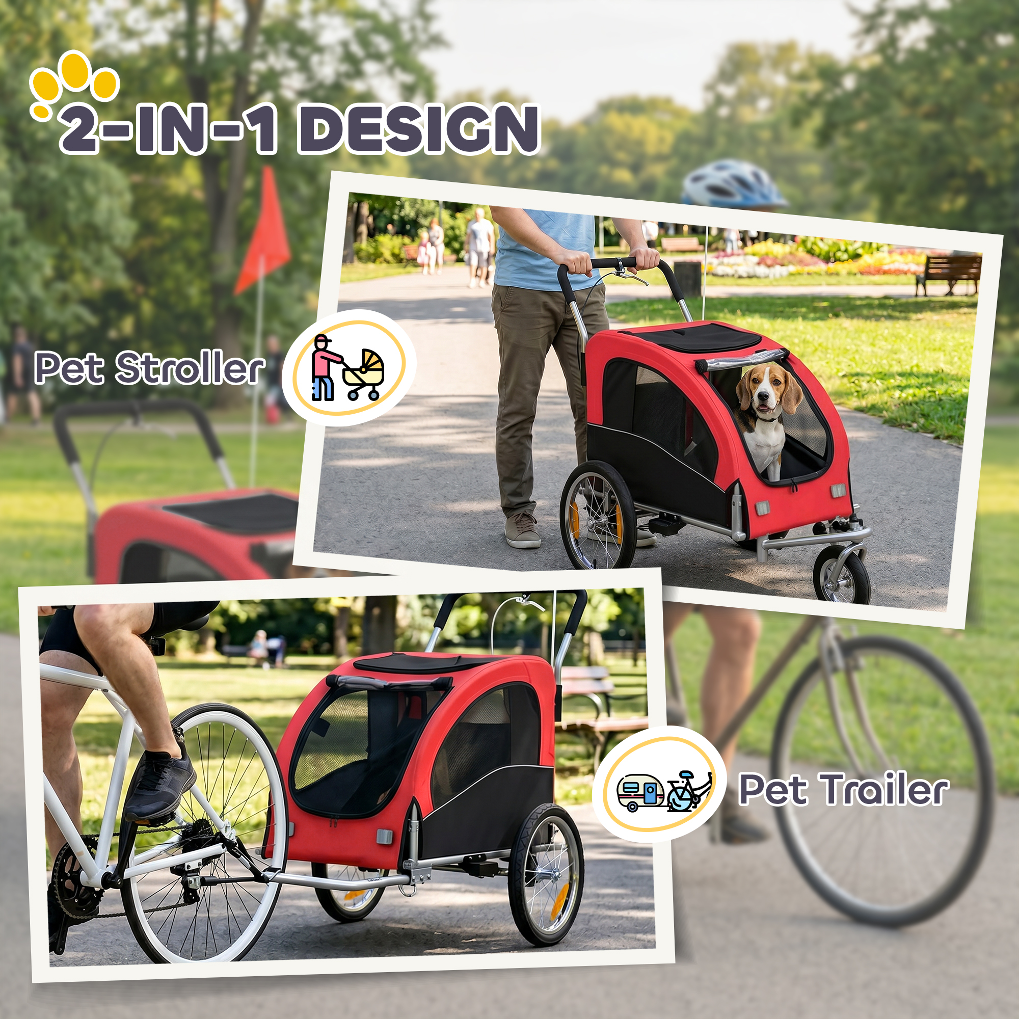 2 in 1 Dog Bike Trailer, Foldable Pet Stroller, Dog Bicycle Trailer with Suspension, Universal Bicycle Coupler, Red