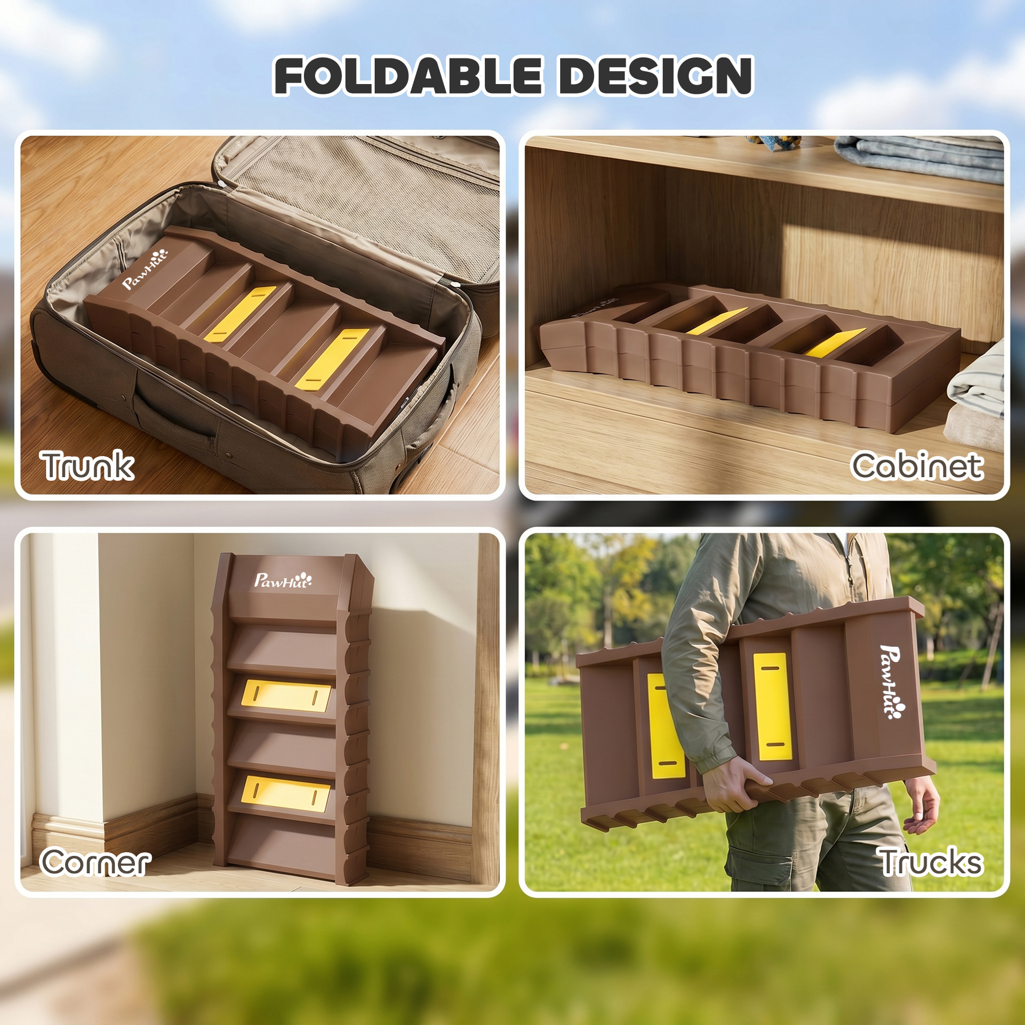 Foldable Dog Car Ramp, Dog Ramp with Anti-Slip Steps, Pet Stairs for Senior Pets to Access Cars and High Beds, Brown