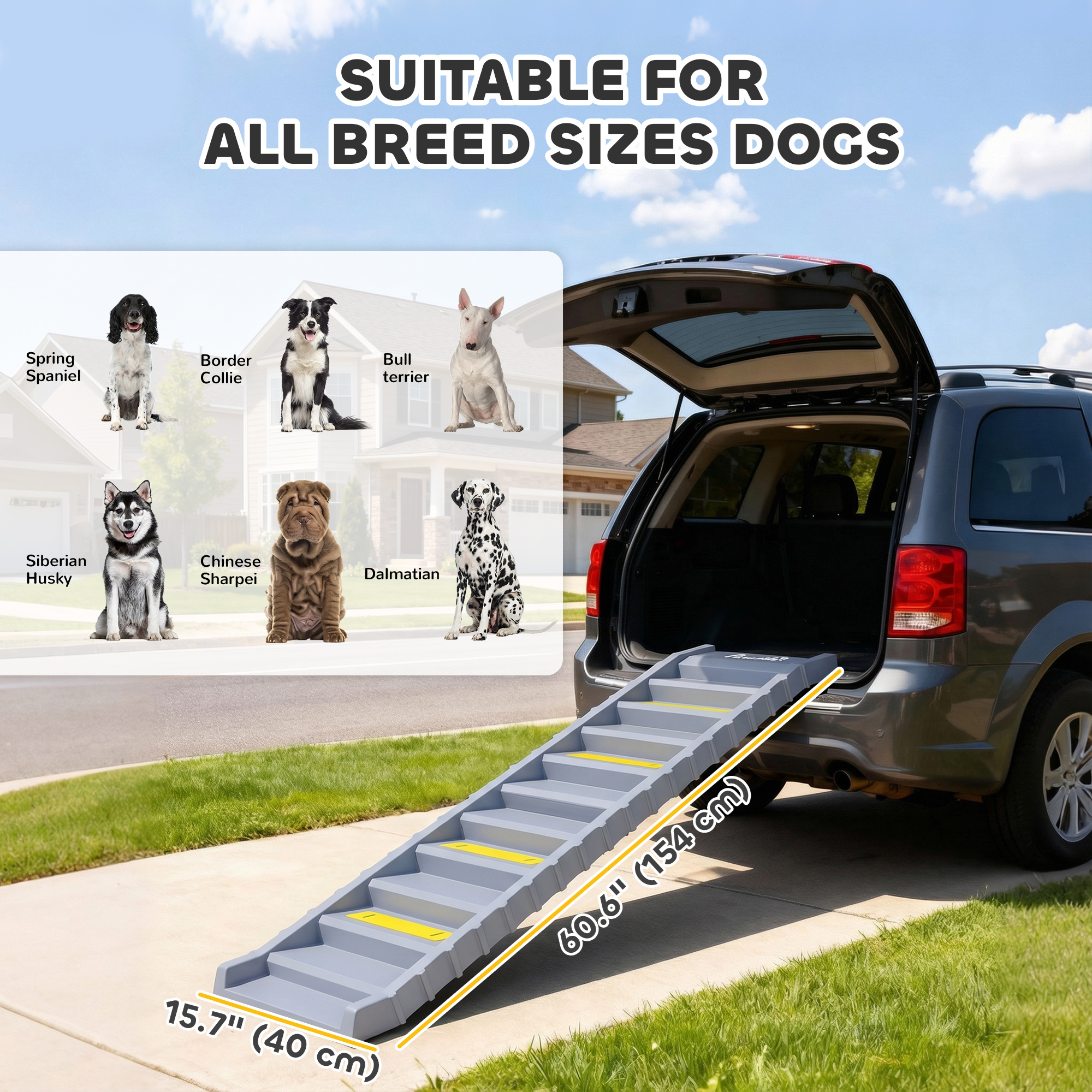 Foldable Dog Car Ramp, Dog Ramp with Anti-Slip Steps, Pet Stairs for Senior Pets to Access Cars and High Beds, Grey