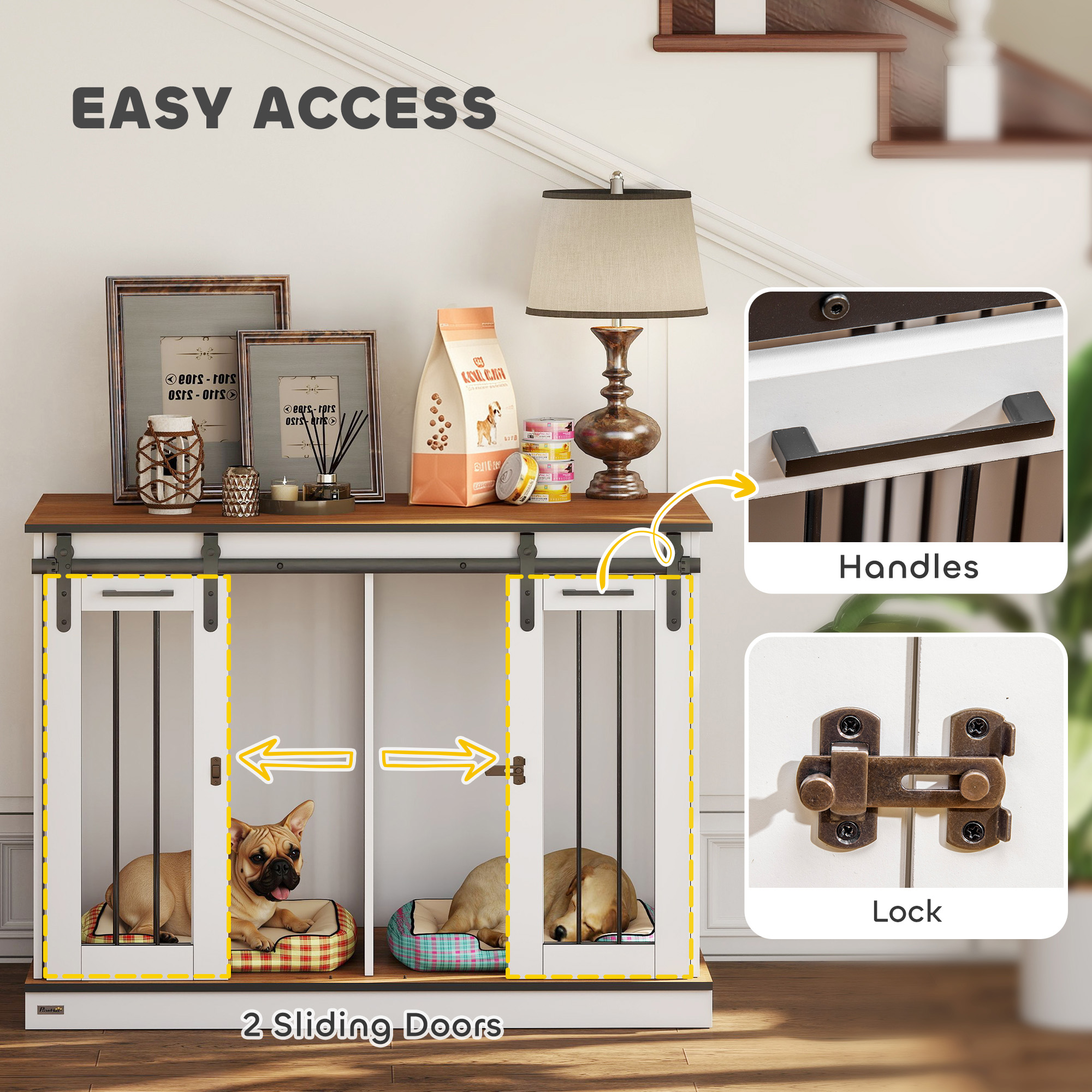 47in Dog Crate Furniture with Divider Panel, Wooden Dog Kennel TV Stand for Large Breeds, Pet House Side Table for 2 Small Breeds with 2 Rooms Design, 2 Sliding Doors, White