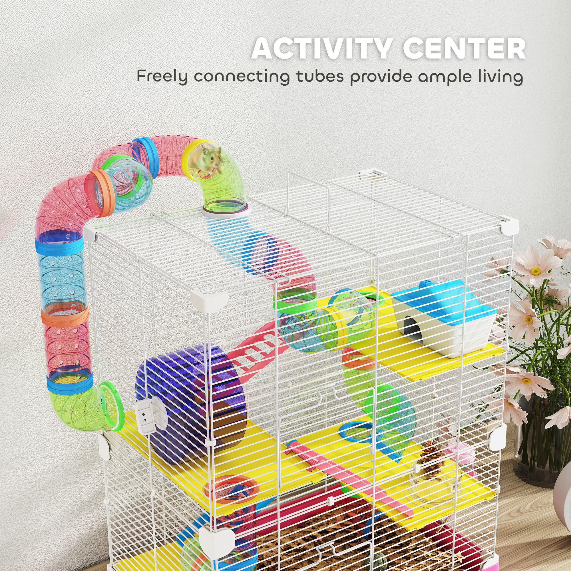 5 Tiers Hamster Cage Portable with Exercise Wheels Play Tube Water Bottle Dishes House Ladder for Gerbils, Pink