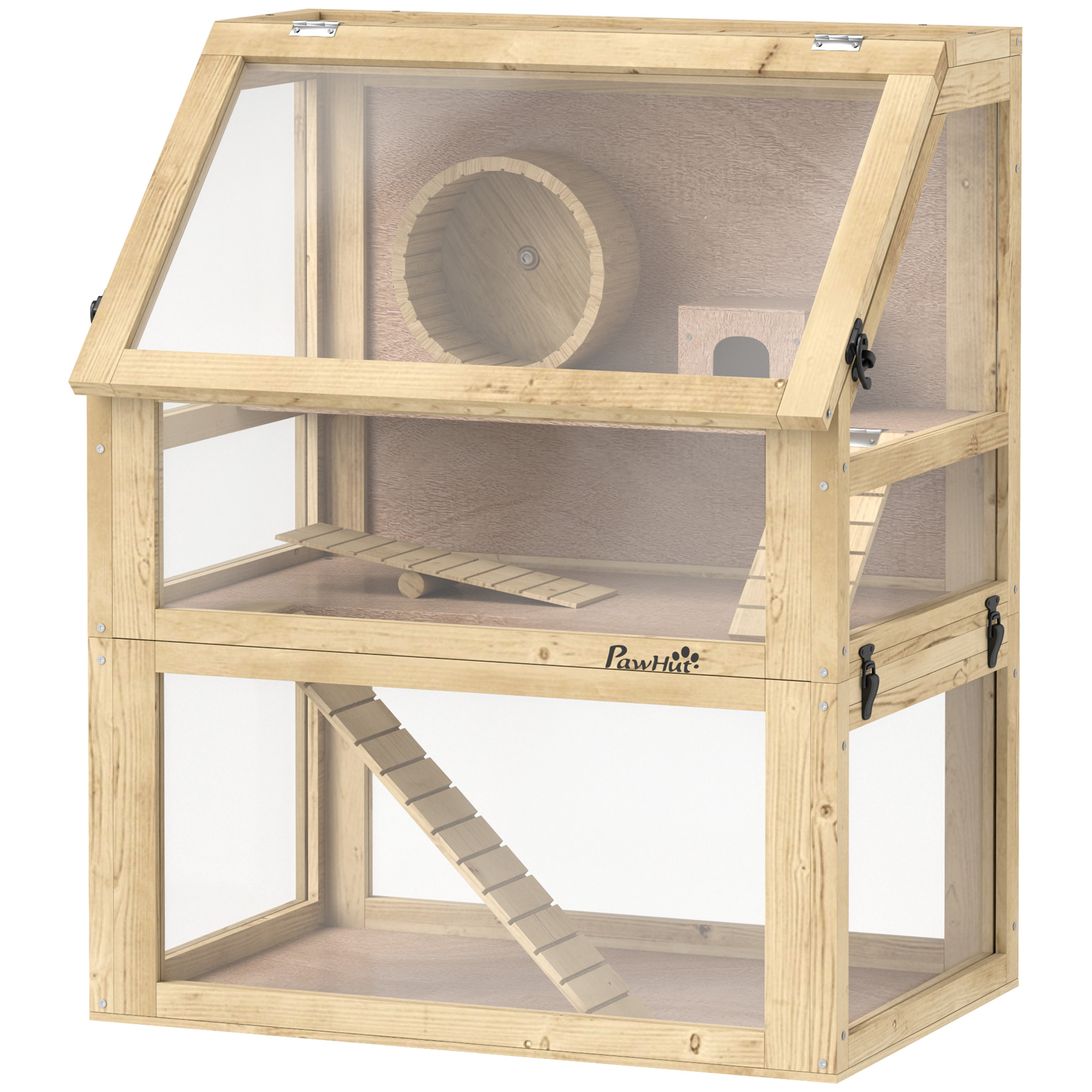 Wooden Hamster Cage, 3 Tier Gerbil Cage with Deep Bottom, Hut, Seesaw, Exercise Wheel, Ramps, 24" x 16" x 29.5"