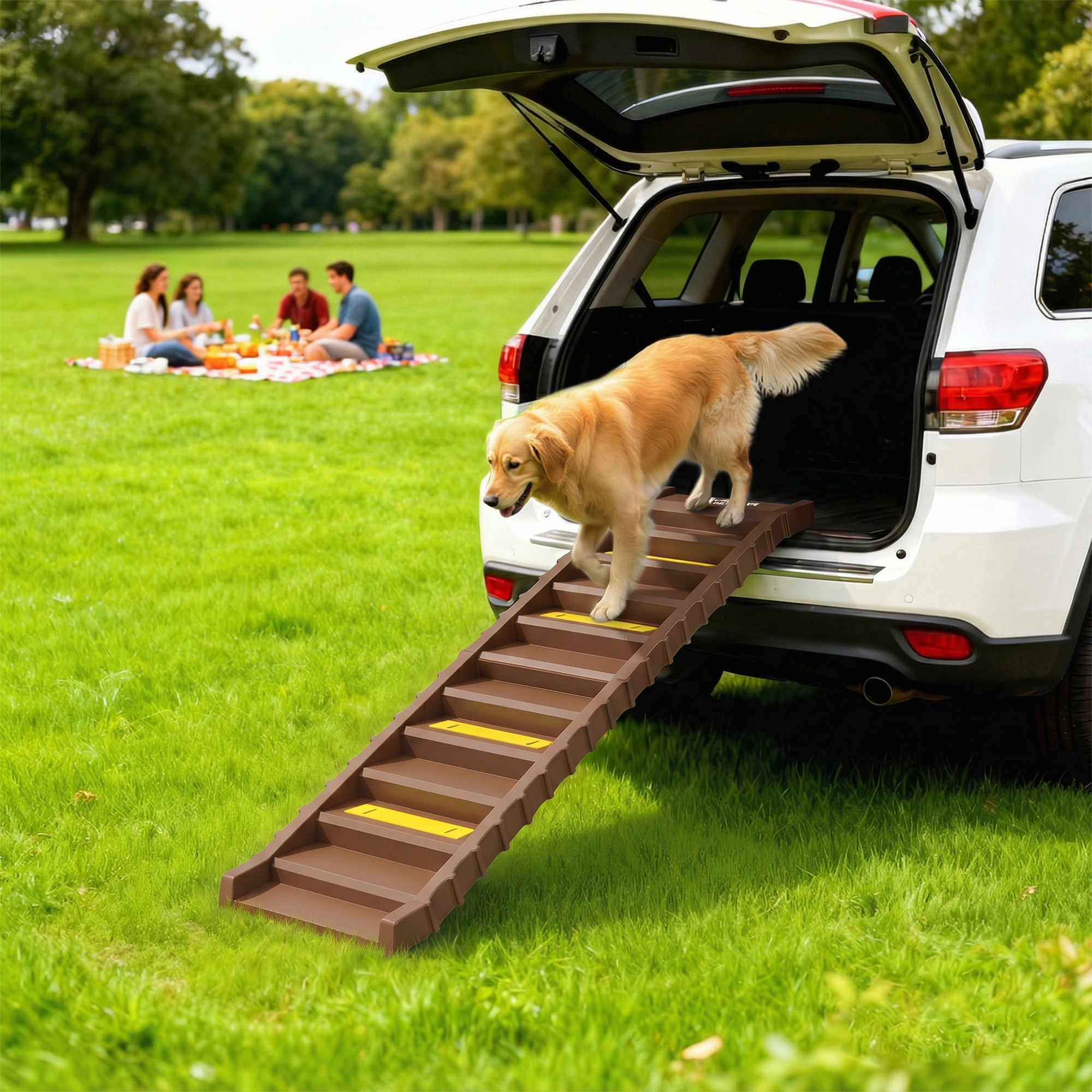 Foldable Dog Car Ramp, Dog Ramp with Anti-Slip Steps, Pet Stairs for Senior Pets to Access Cars and High Beds, Brown
