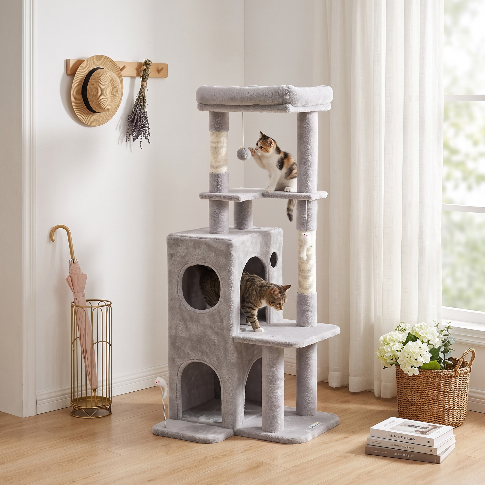 52" Cat Tree, Multi-Level Large Cat Tower House with 2-Tier Condo, Bed, Sisal Scratching Posts, Light Grey
