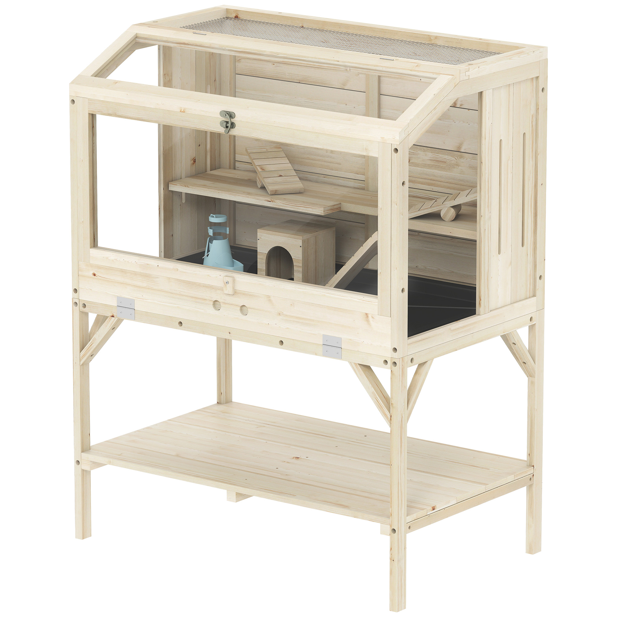 Wooden Hamster Cage with Openable Top, Water Bottle, Transparent Panels for Syrian, Dwarf Hamsters and Gerbils, Natural