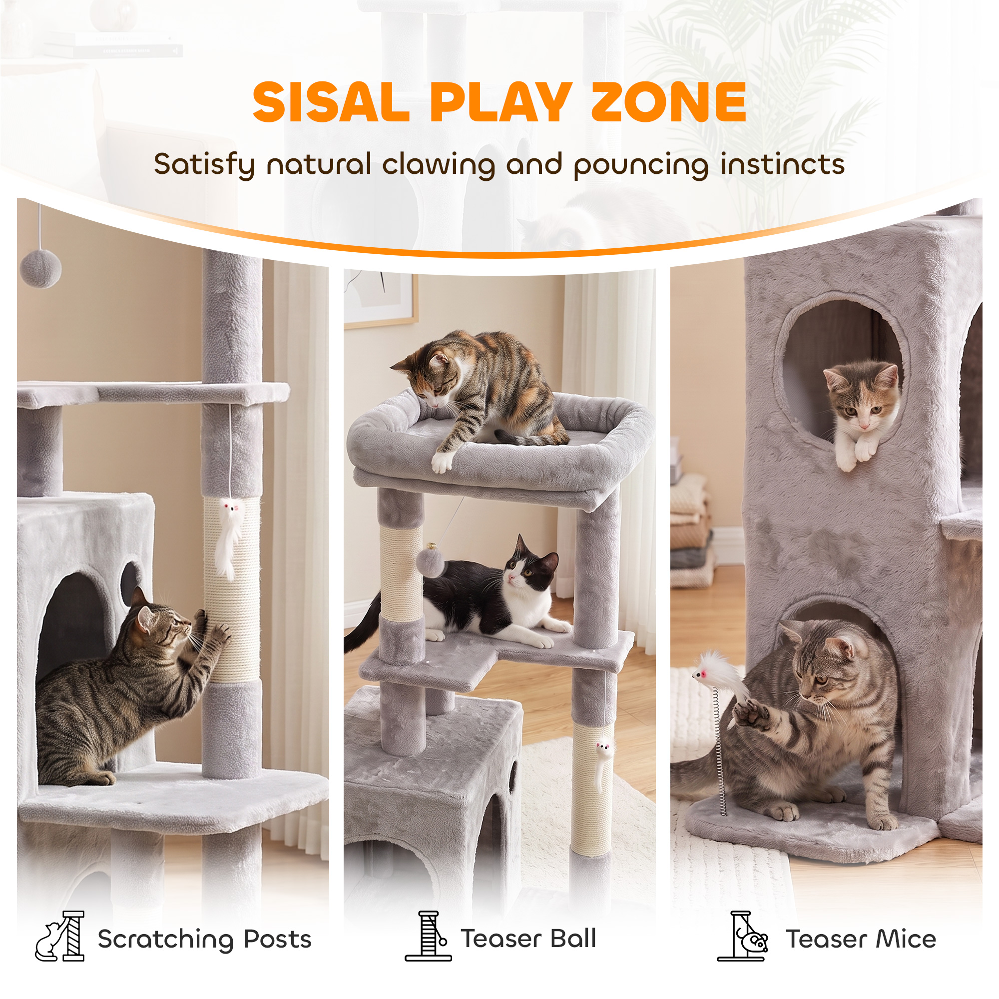 52" Cat Tree, Multi-Level Large Cat Tower House with 2-Tier Condo, Bed, Sisal Scratching Posts, Light Grey