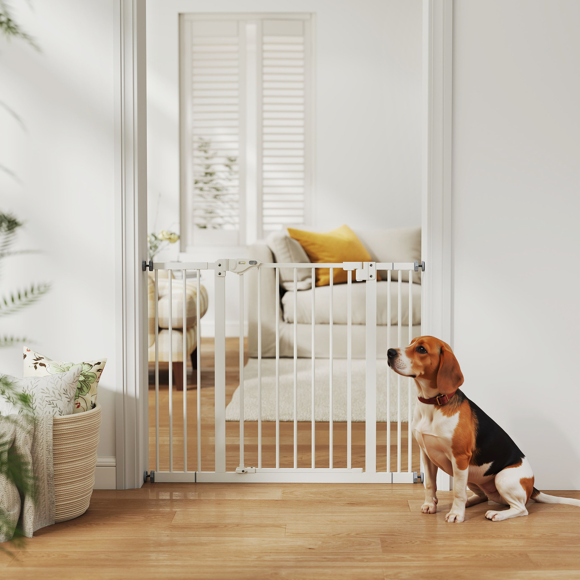 30 Inch Tall Pet Gate with Door Dog Gate and Barrier Indoor for Stairs, Pressure-Mounted Safety Gate, White