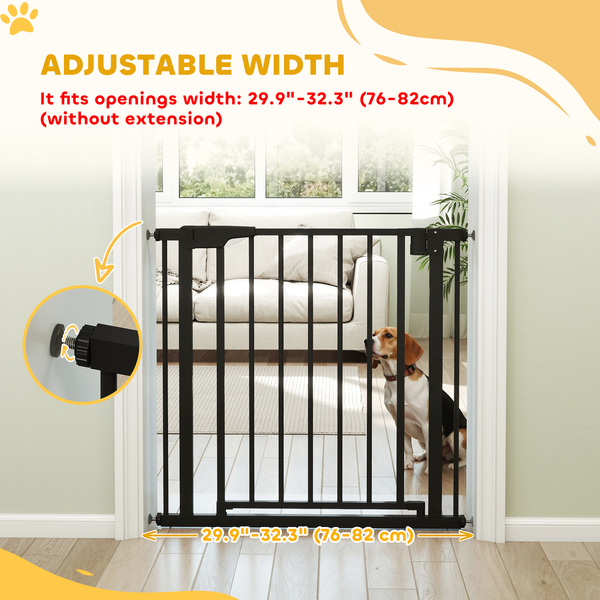 Baby Gate, Pet Safety Gate Pressure Fit, 30"-32" Wide with Two-Way Open, Auto-Close for Stair, Doorways, Hallways, Black
